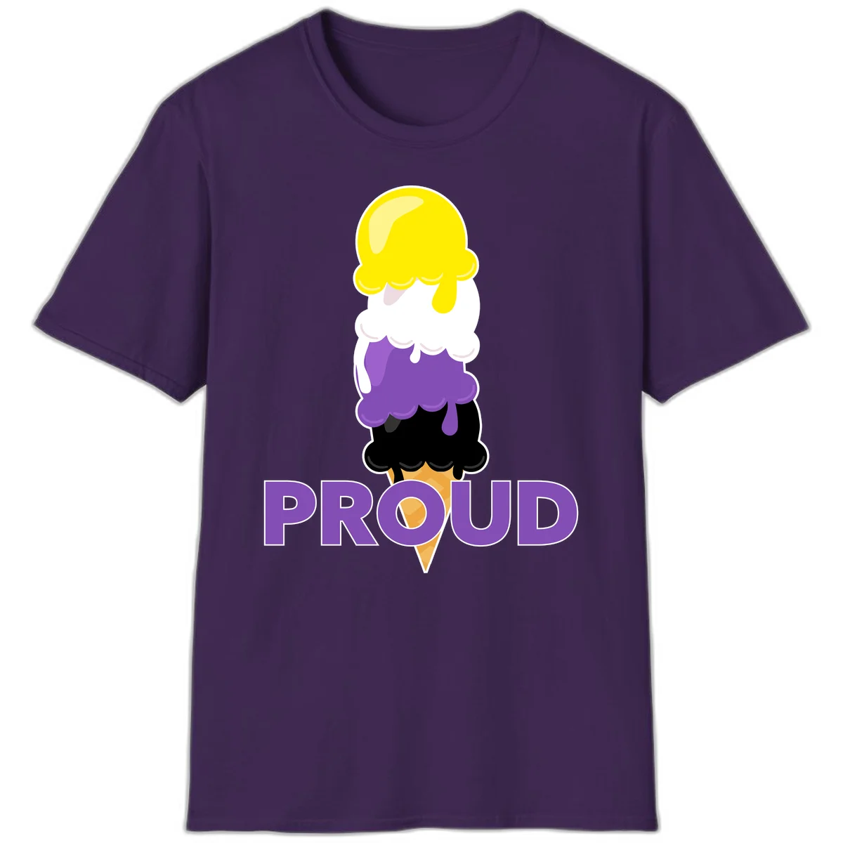 Colorful stacked ice cream cone with yellow, white, purple, and black scoops dripping down a waffle cone, with the word PROUD below in Purple