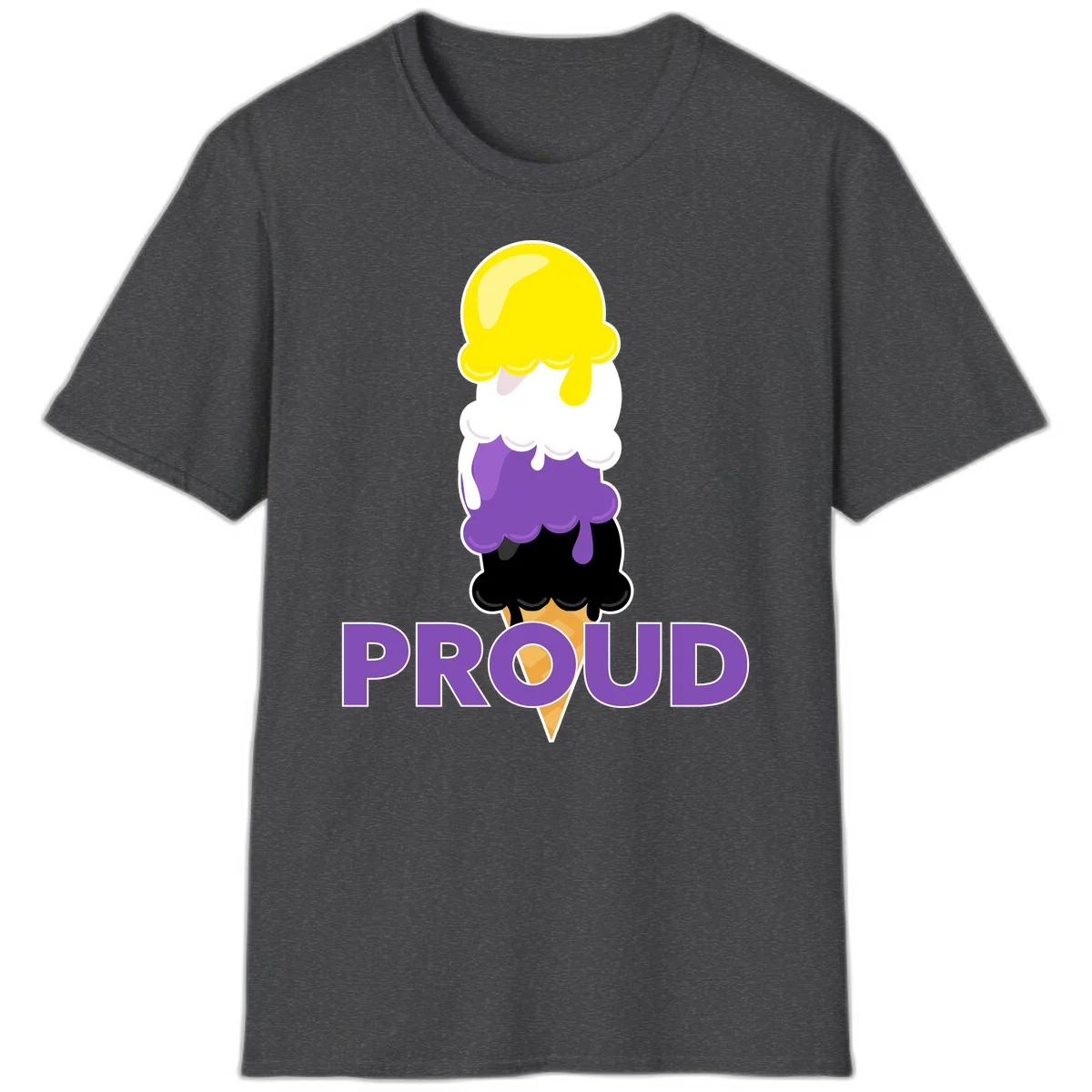 Colorful stacked ice cream cone with yellow, white, purple, and black scoops dripping down a waffle cone, with the word PROUD below in Dark Heather
