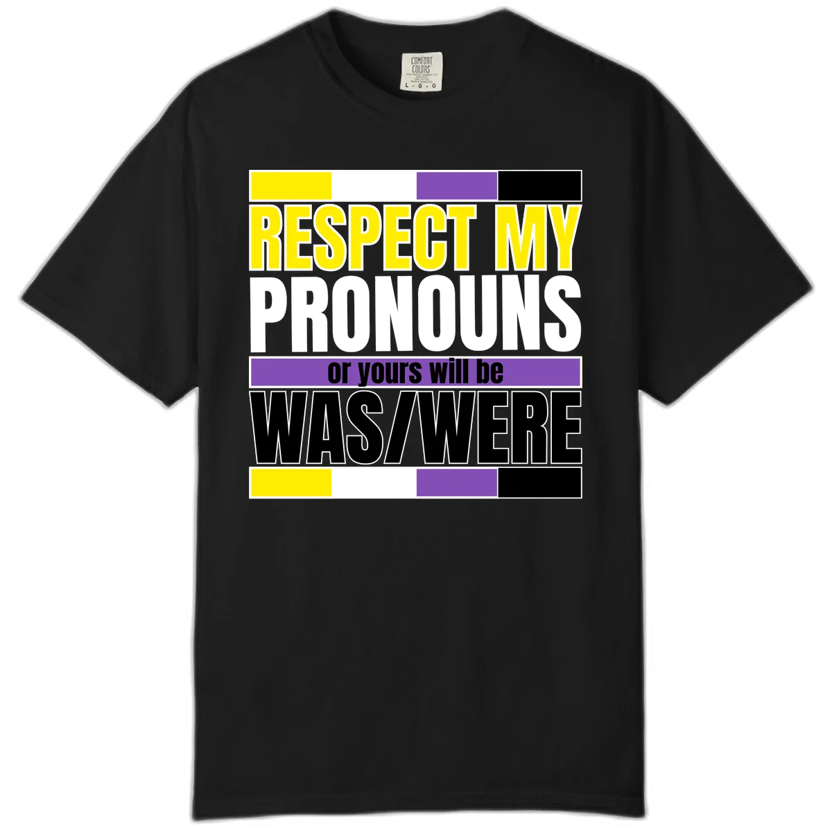 Bold typography design reading 'Respect My Pronouns or yours will be WAS/WERE' in yellow, white, and black text with color blocks in Black