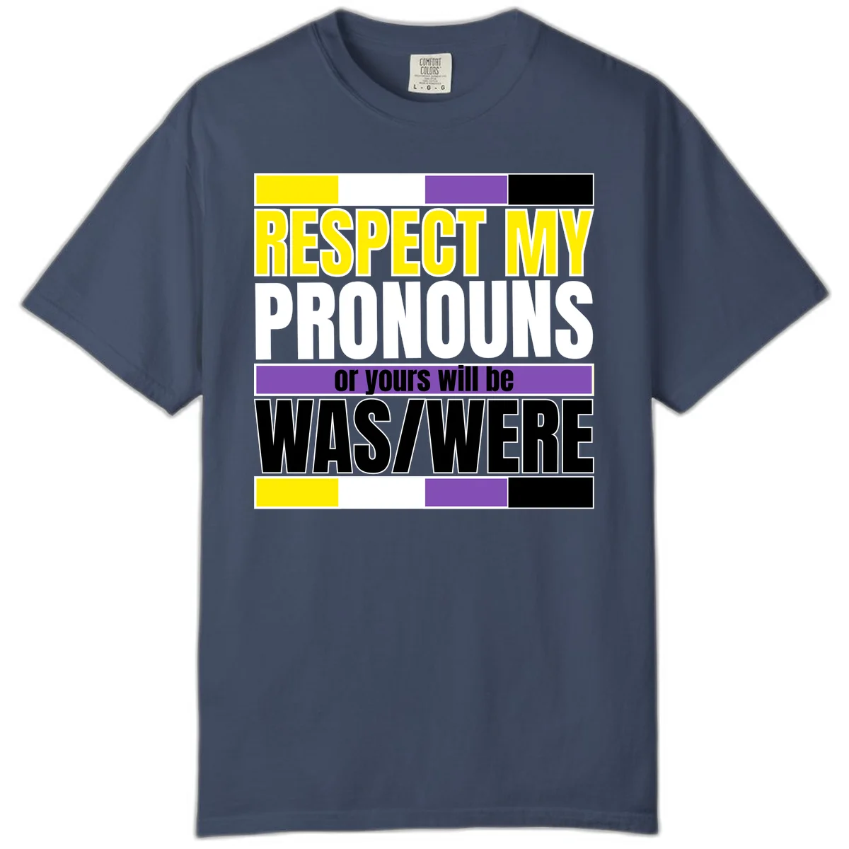 Bold typography design reading 'Respect My Pronouns or yours will be WAS/WERE' in yellow, white, and black text with color blocks in Midnight