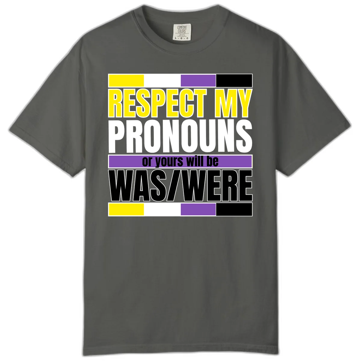 Bold typography design reading 'Respect My Pronouns or yours will be WAS/WERE' in yellow, white, and black text with color blocks in Pepper