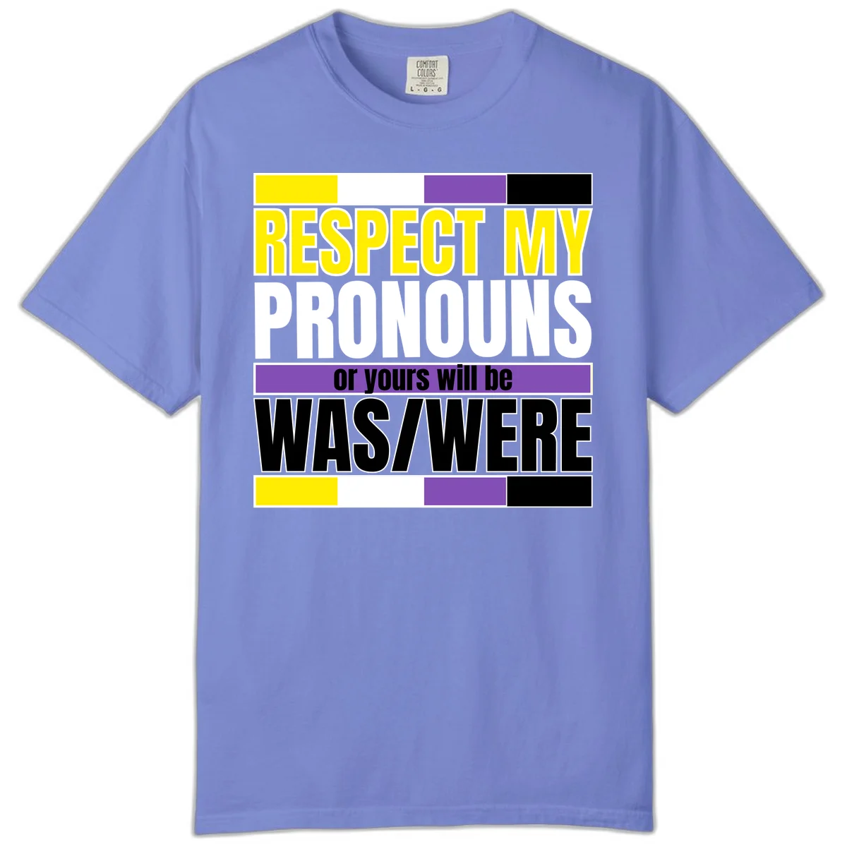 Bold typography design reading 'Respect My Pronouns or yours will be WAS/WERE' in yellow, white, and black text with color blocks in Flo Blue