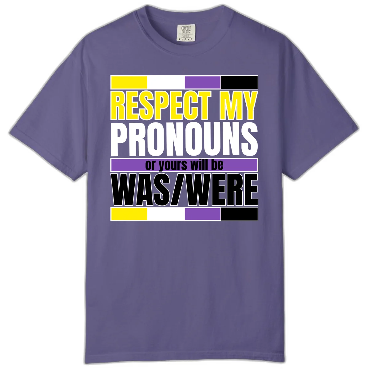 Bold typography design reading 'Respect My Pronouns or yours will be WAS/WERE' in yellow, white, and black text with color blocks in Grape