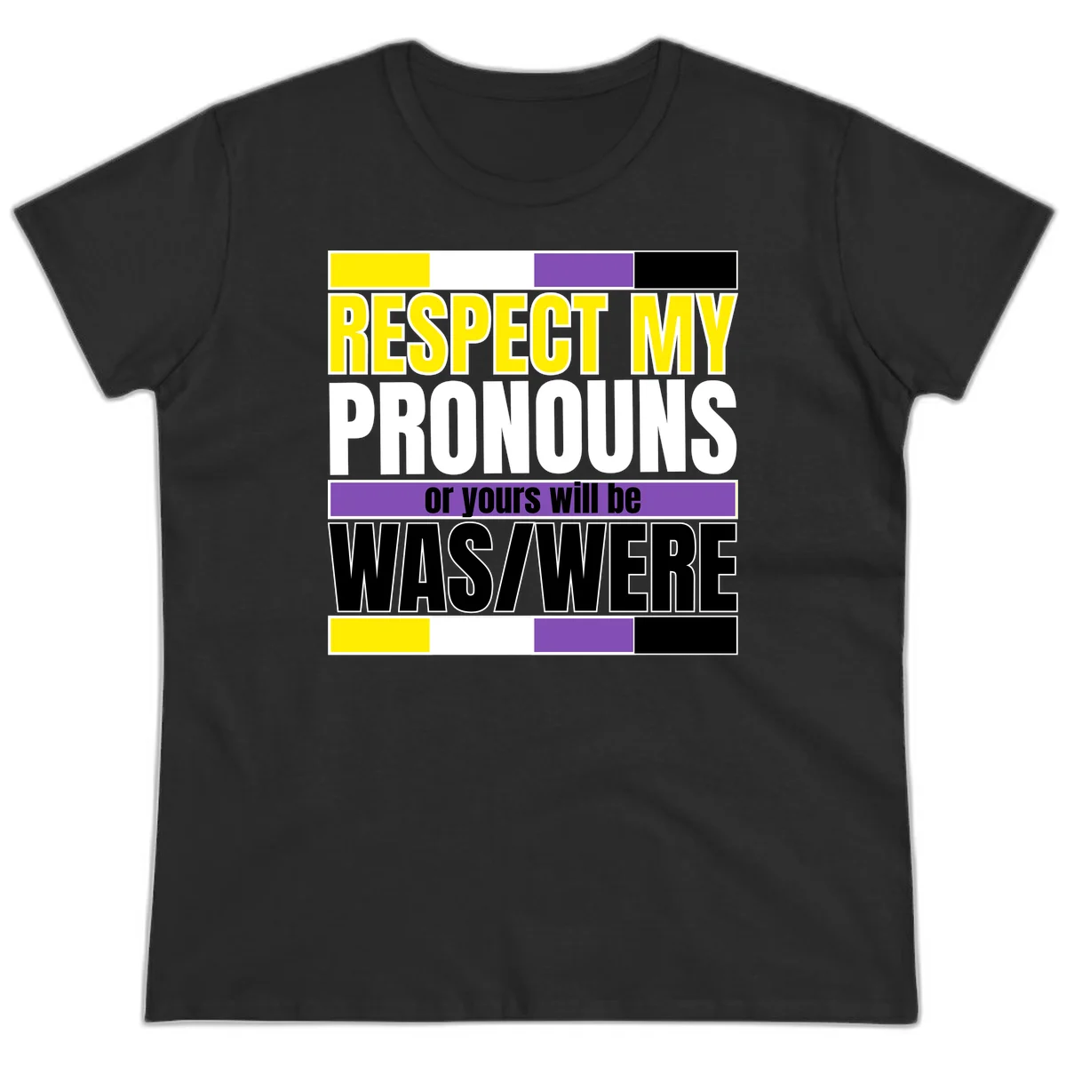 Bold typography design reading 'Respect My Pronouns or yours will be WAS/WERE' in yellow, white, and black text with color blocks in Black