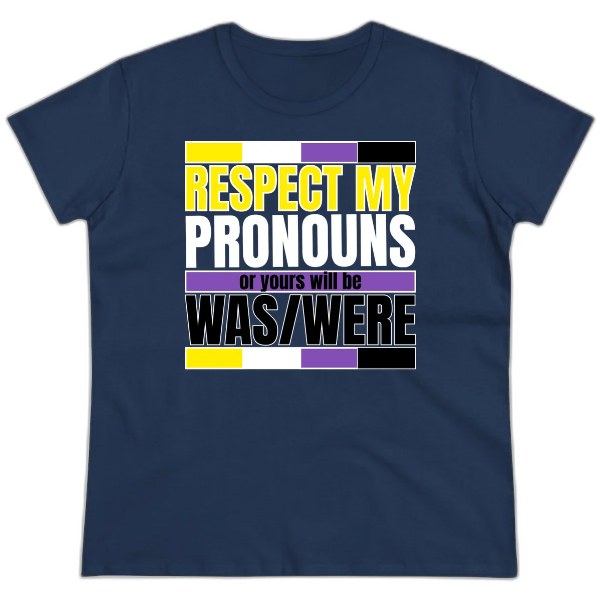Bold typography design reading 'Respect My Pronouns or yours will be WAS/WERE' in yellow, white, and black text with color blocks in Navy
