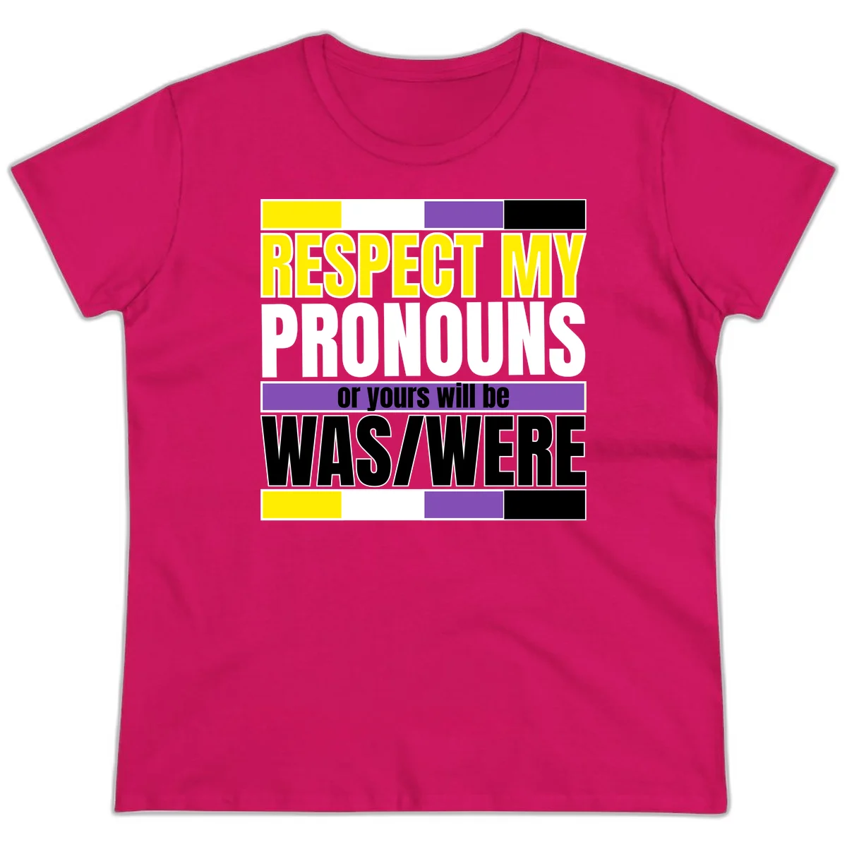 Bold typography design reading 'Respect My Pronouns or yours will be WAS/WERE' in yellow, white, and black text with color blocks in Heliconia