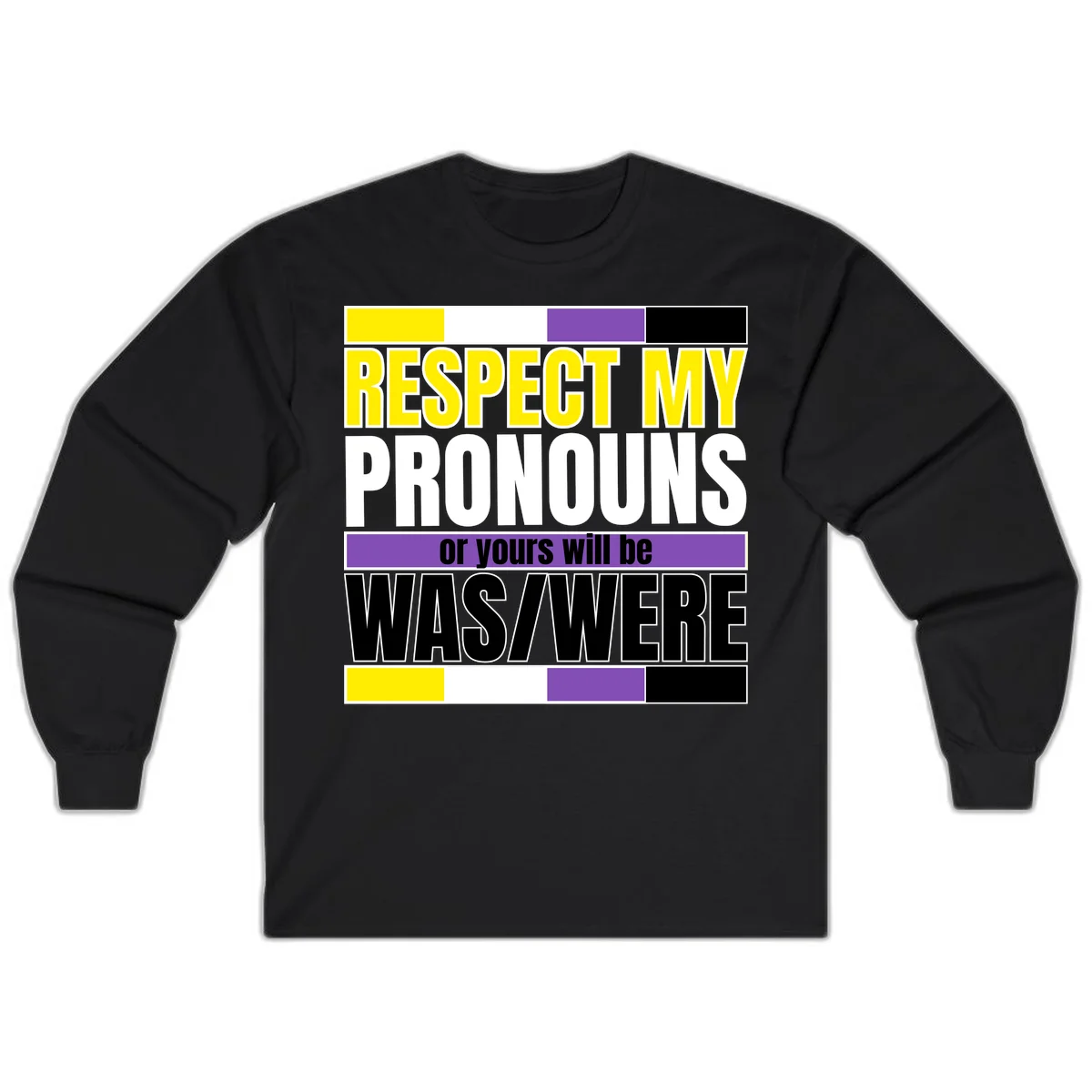 Bold typography design reading 'Respect My Pronouns or yours will be WAS/WERE' in yellow, white, and black text with color blocks in Black