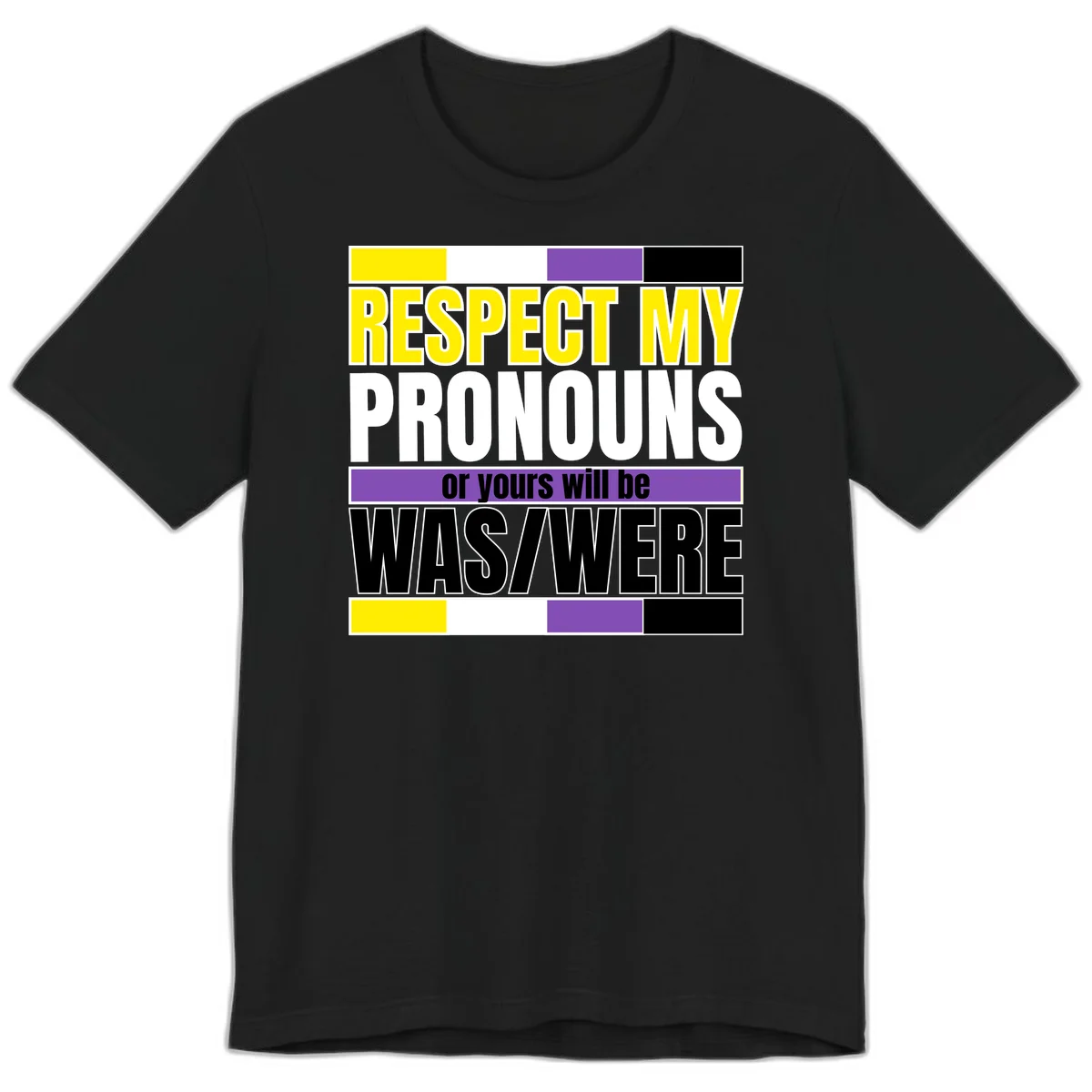 Bold typography design reading 'Respect My Pronouns or yours will be WAS/WERE' in yellow, white, and black text with color blocks in Black
