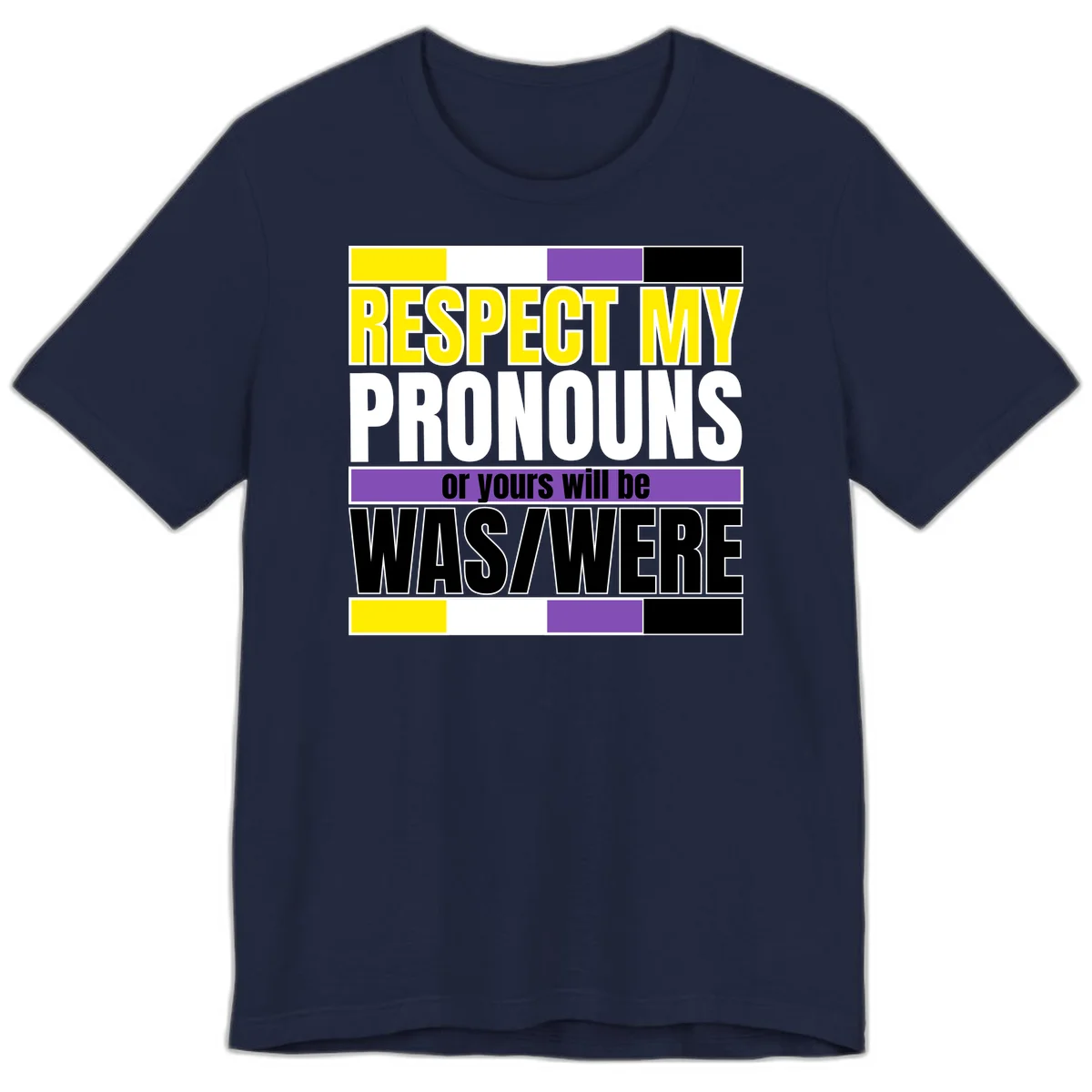 Bold typography design reading 'Respect My Pronouns or yours will be WAS/WERE' in yellow, white, and black text with color blocks in Navy