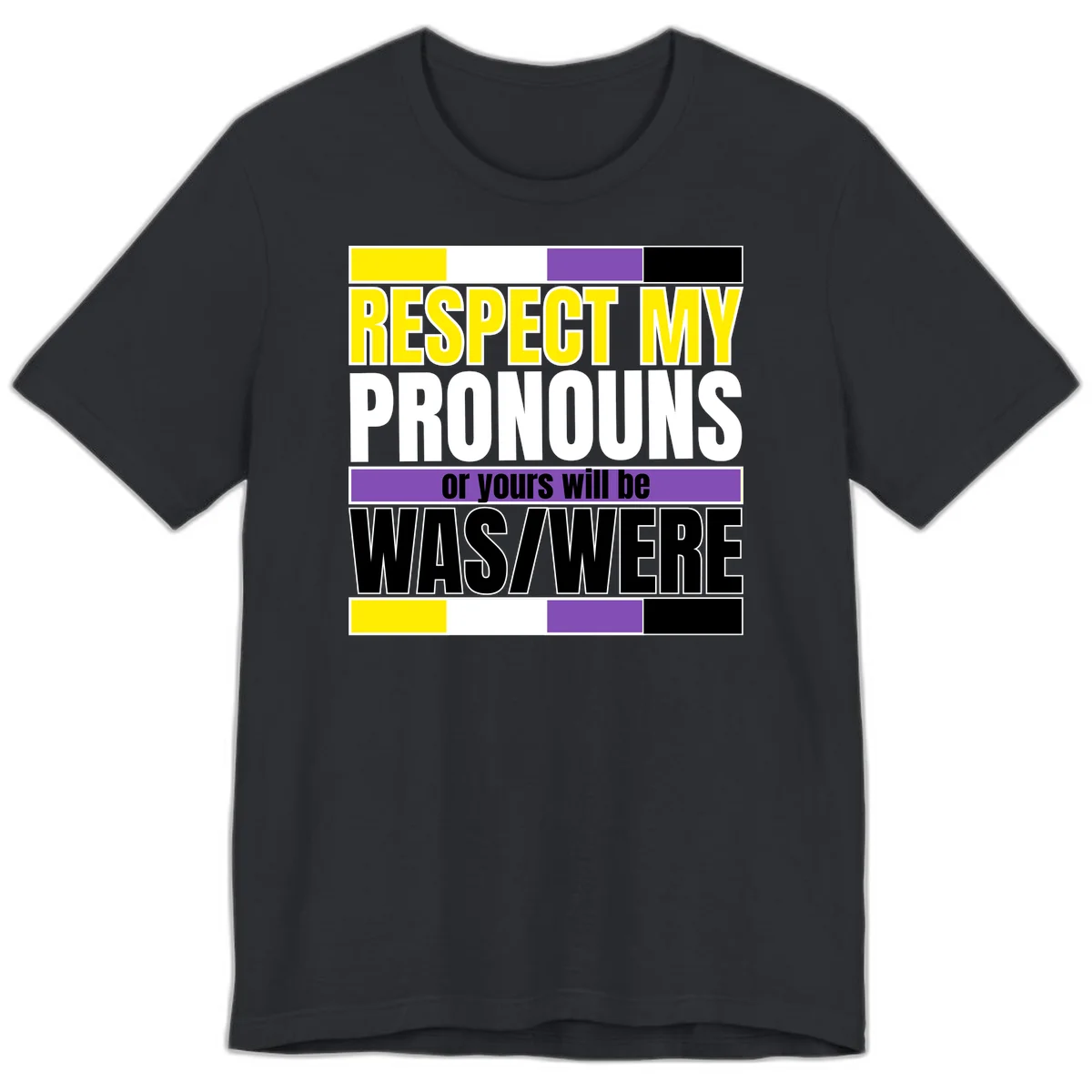 Bold typography design reading 'Respect My Pronouns or yours will be WAS/WERE' in yellow, white, and black text with color blocks in Vintage Black