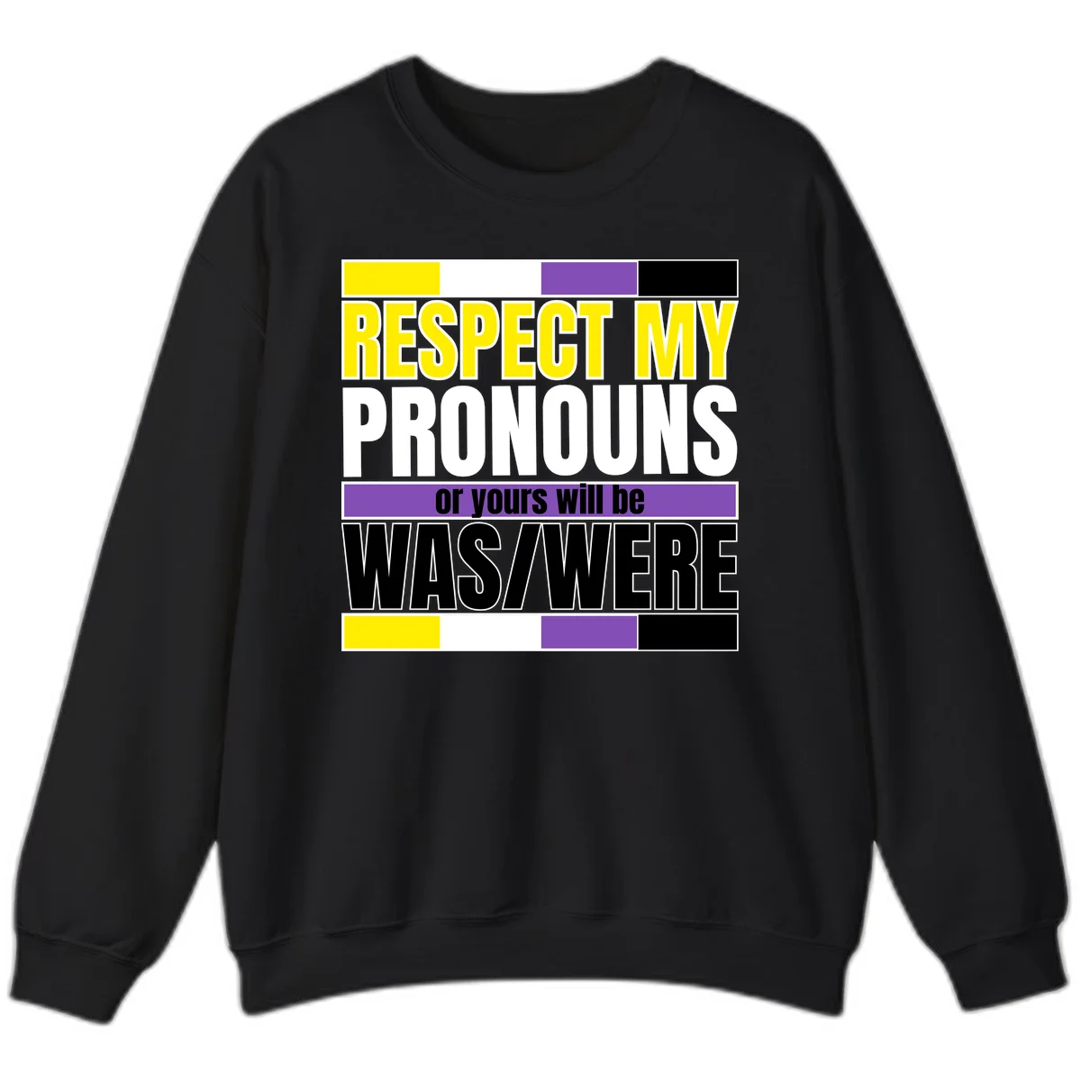 Bold typography design reading 'Respect My Pronouns or yours will be WAS/WERE' in yellow, white, and black text with color blocks in Black