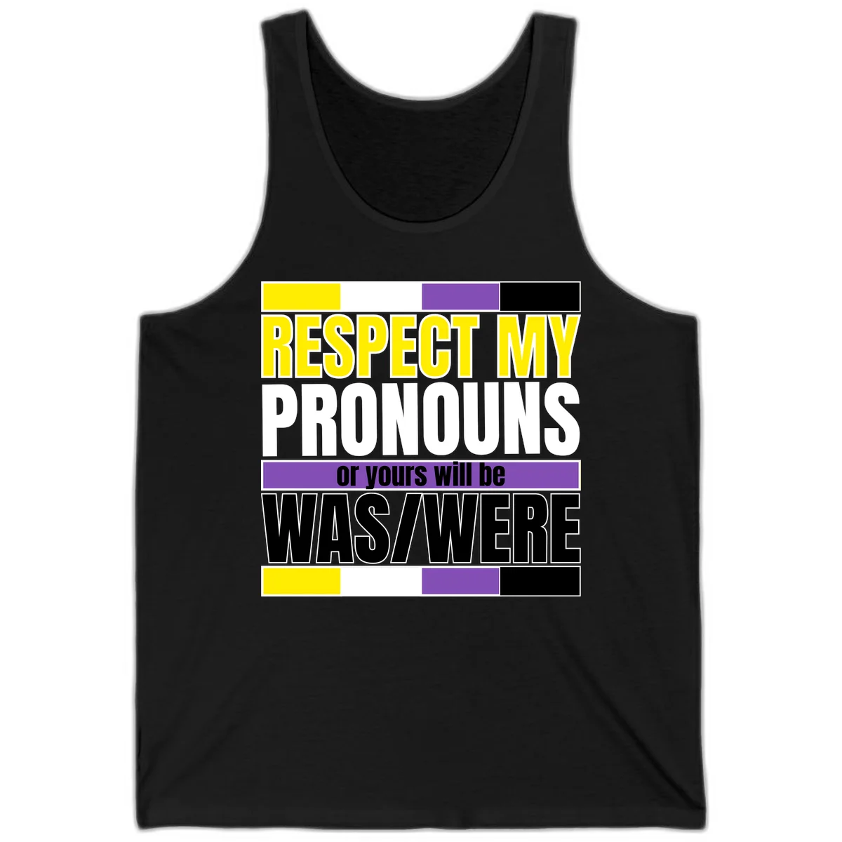 Bold typography design reading 'Respect My Pronouns or yours will be WAS/WERE' in yellow, white, and black text with color blocks in Black
