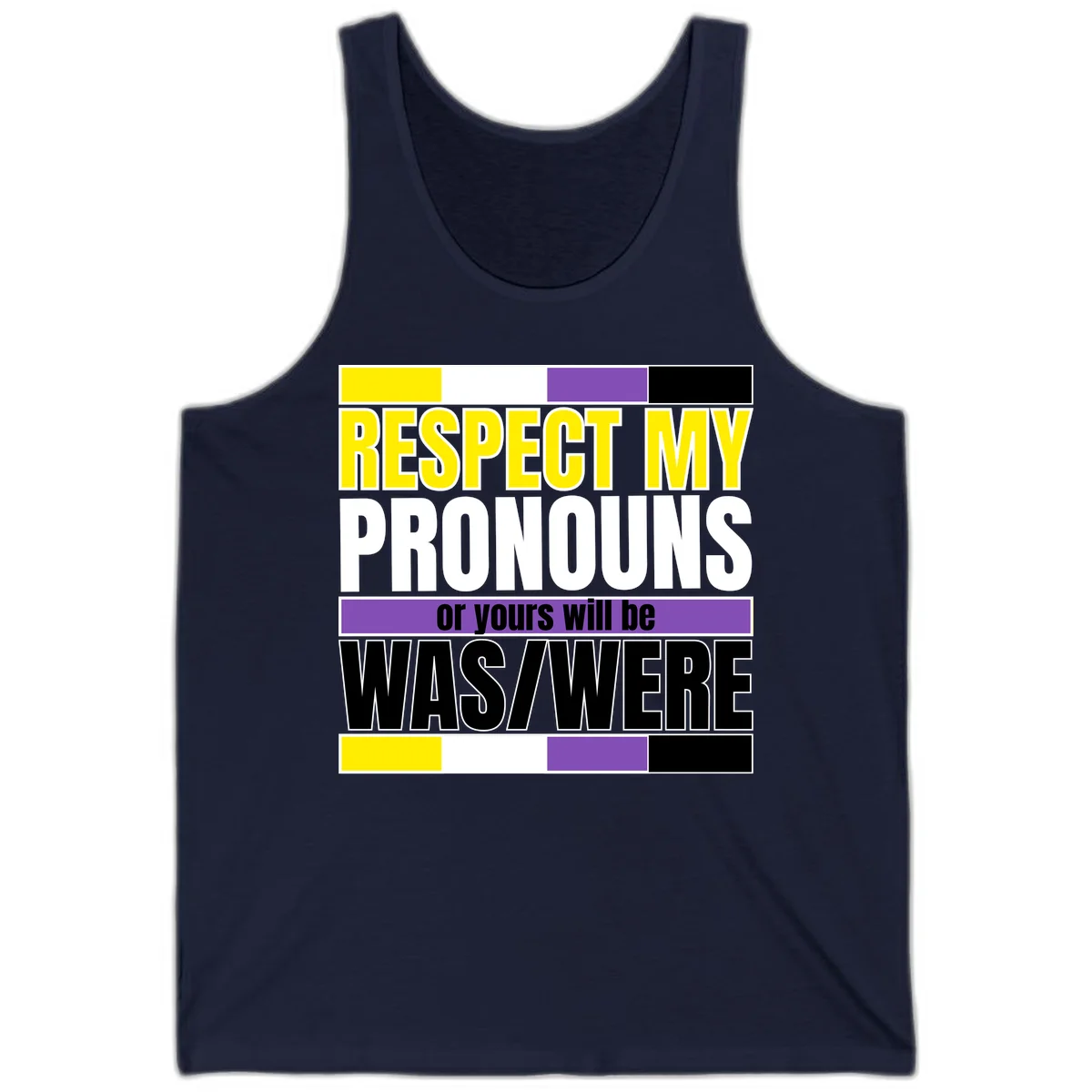 Bold typography design reading 'Respect My Pronouns or yours will be WAS/WERE' in yellow, white, and black text with color blocks in Navy