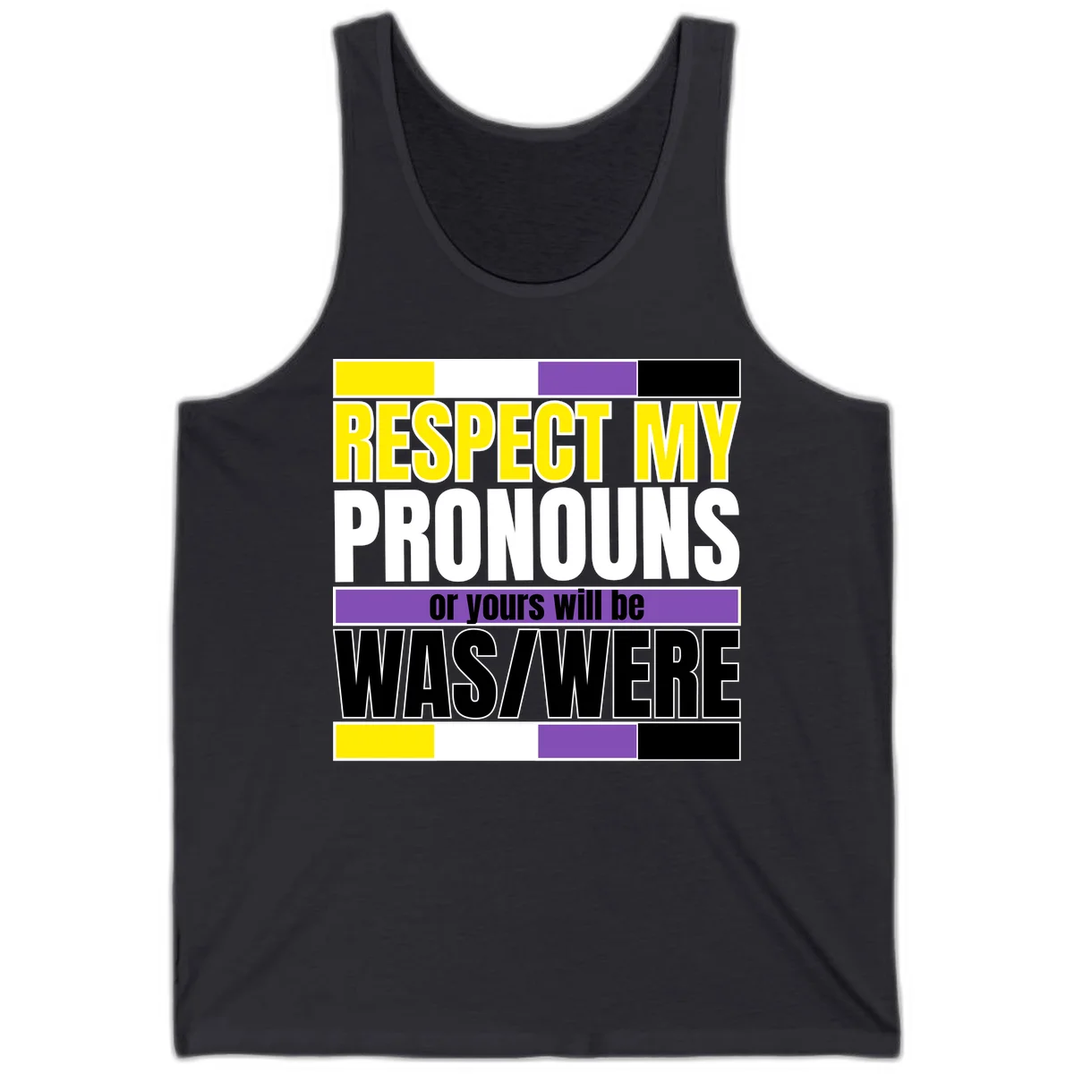 Bold typography design reading 'Respect My Pronouns or yours will be WAS/WERE' in yellow, white, and black text with color blocks in Dark Grey