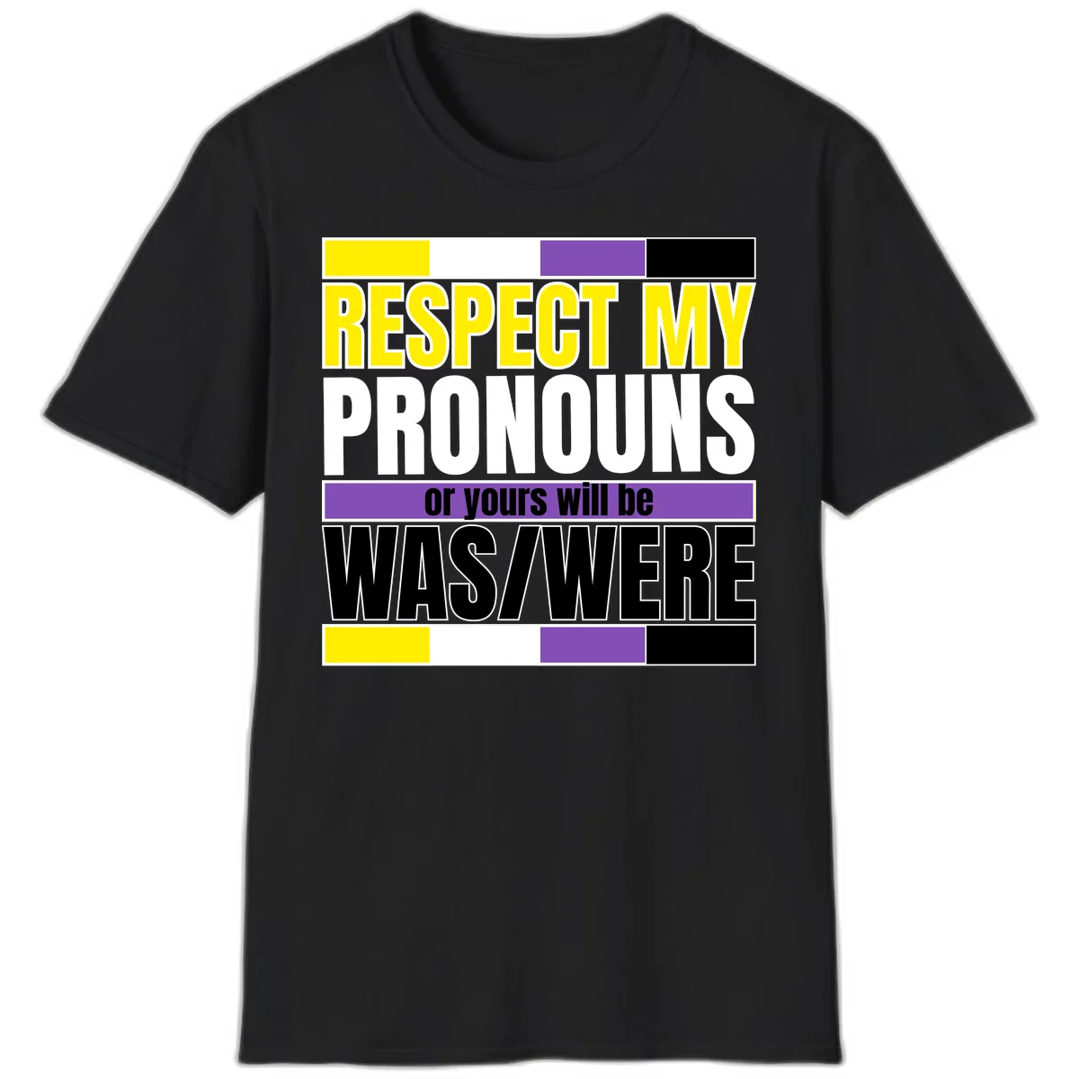 Bold typography design reading 'Respect My Pronouns or yours will be WAS/WERE' in yellow, white, and black text with color blocks in Black