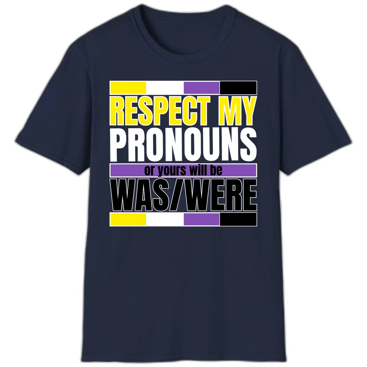 Bold typography design reading 'Respect My Pronouns or yours will be WAS/WERE' in yellow, white, and black text with color blocks in Navy