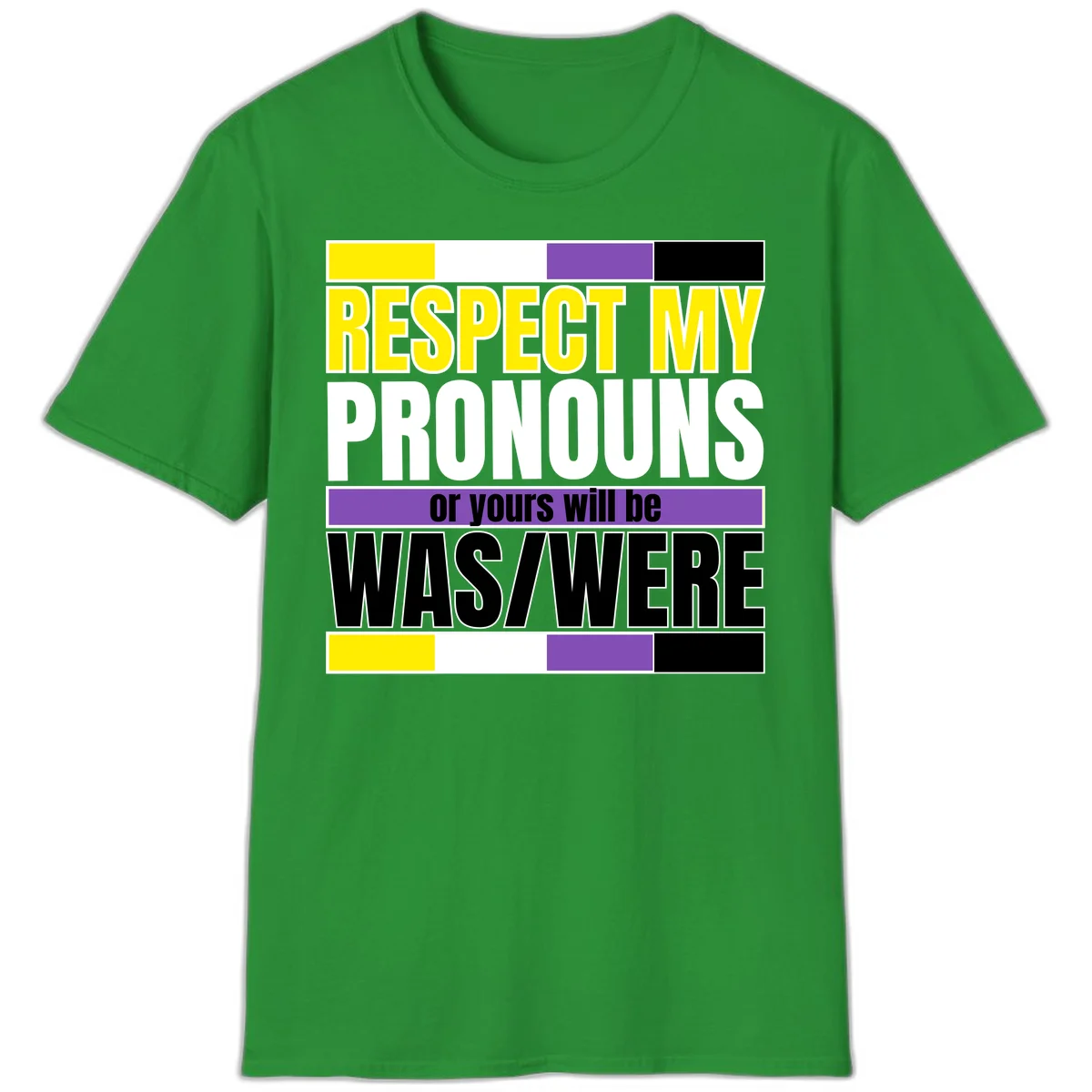 Bold typography design reading 'Respect My Pronouns or yours will be WAS/WERE' in yellow, white, and black text with color blocks in Irish Green