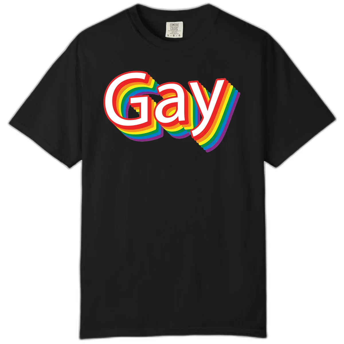 Colorful gay pride rainbow text design with bold red letters surrounded by concentric rainbow stripes in pride flag colors in Black