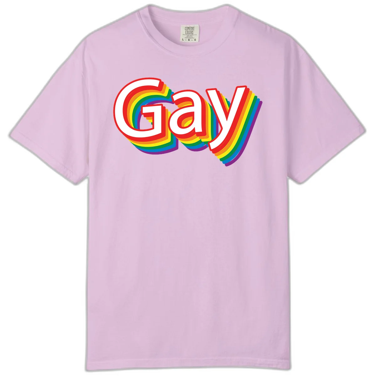 Colorful gay pride rainbow text design with bold red letters surrounded by concentric rainbow stripes in pride flag colors in Orchid