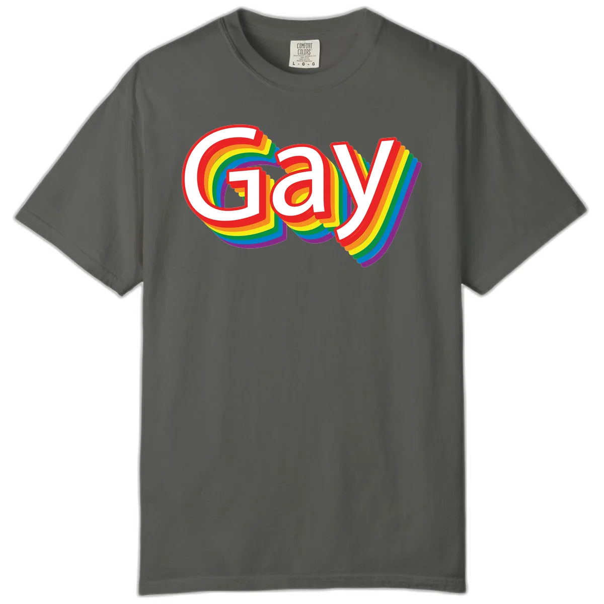 Colorful gay pride rainbow text design with bold red letters surrounded by concentric rainbow stripes in pride flag colors in Pepper