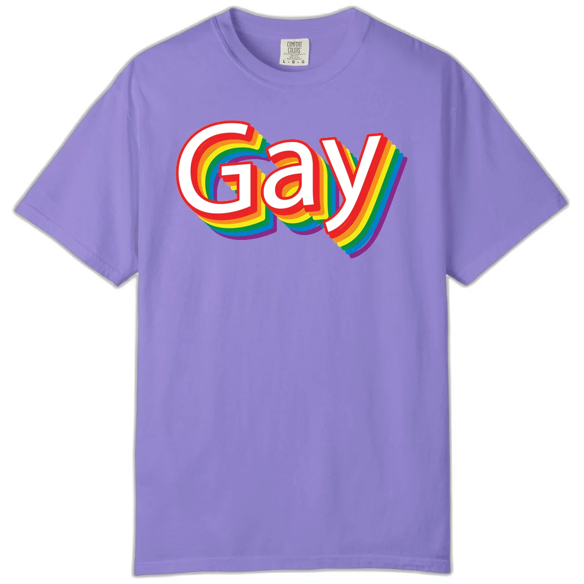 Colorful gay pride rainbow text design with bold red letters surrounded by concentric rainbow stripes in pride flag colors in Violet