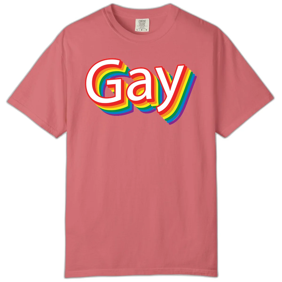 Colorful gay pride rainbow text design with bold red letters surrounded by concentric rainbow stripes in pride flag colors in Watermelon