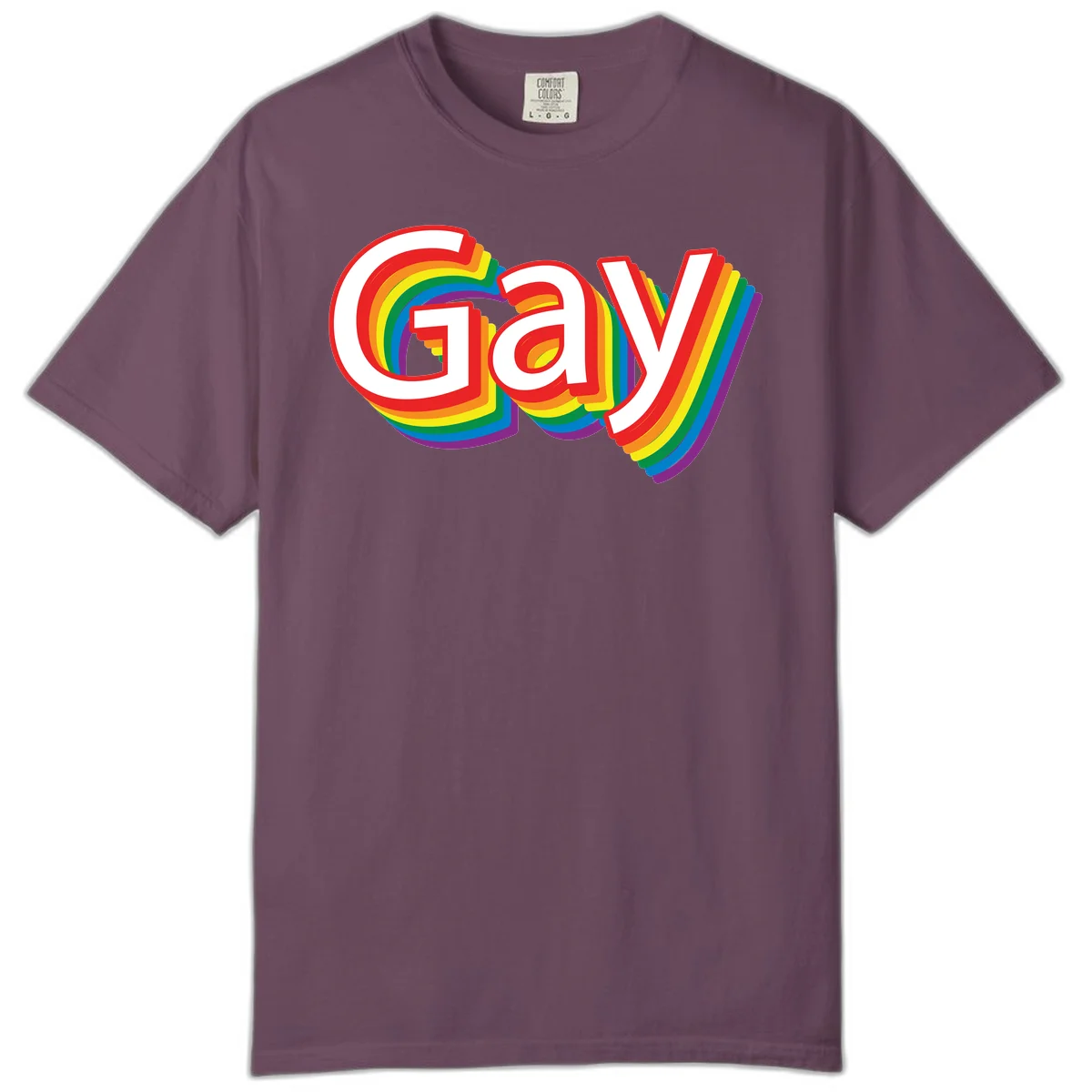 Colorful gay pride rainbow text design with bold red letters surrounded by concentric rainbow stripes in pride flag colors in Berry