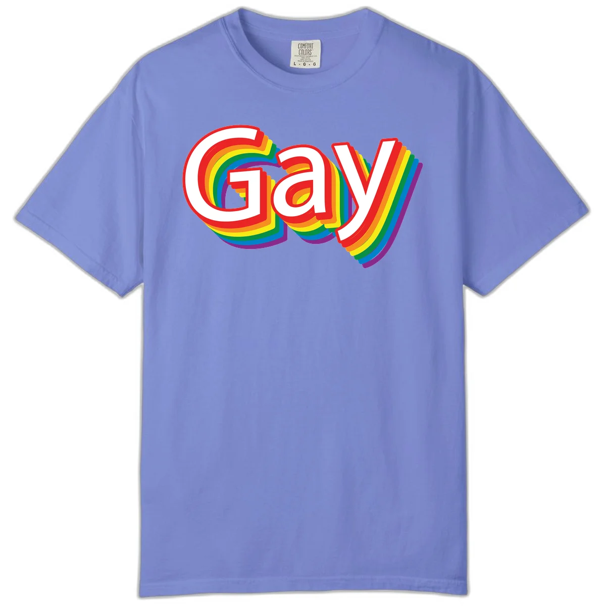 Colorful gay pride rainbow text design with bold red letters surrounded by concentric rainbow stripes in pride flag colors in Flo Blue