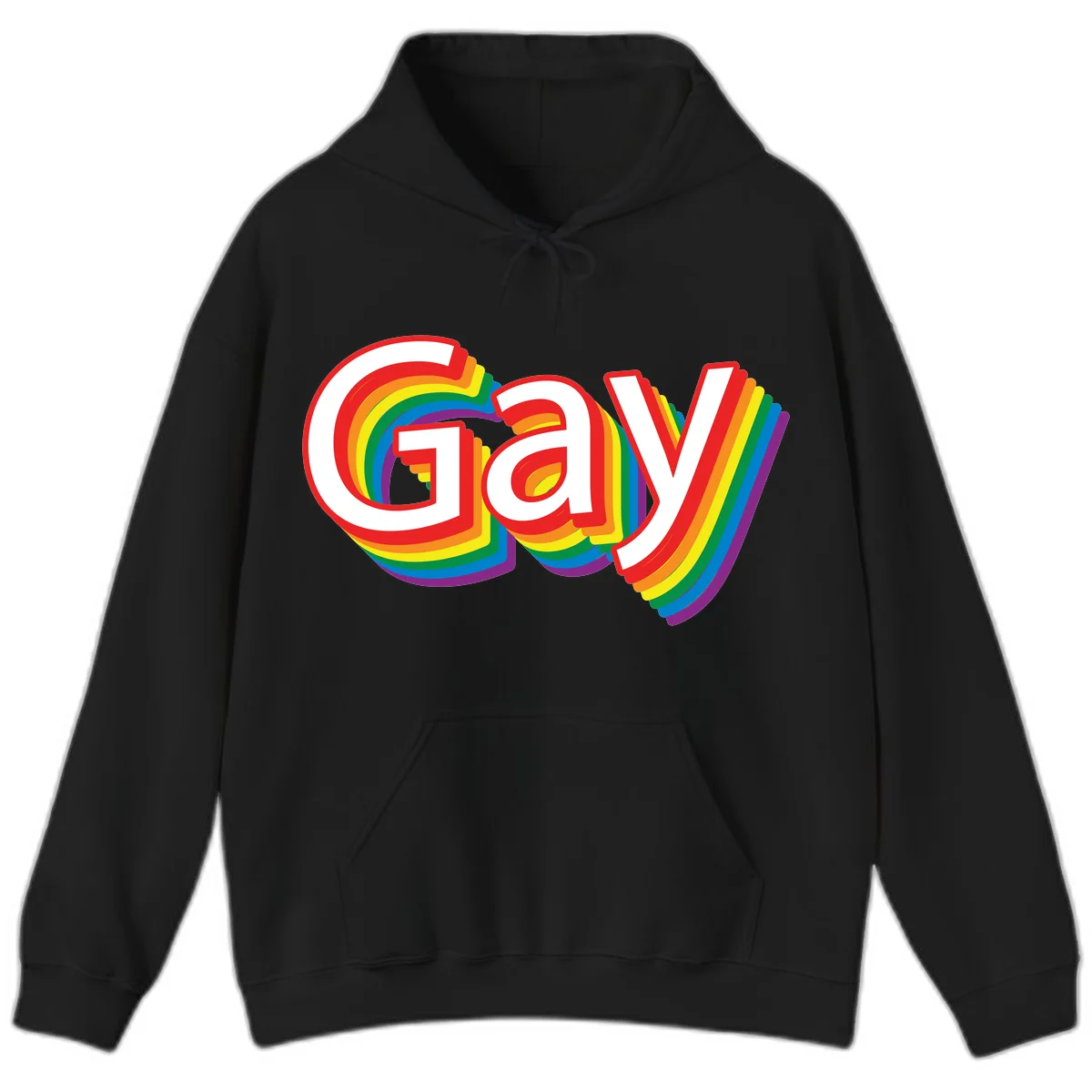 Colorful gay pride rainbow text design with bold red letters surrounded by concentric rainbow stripes in pride flag colors in Black