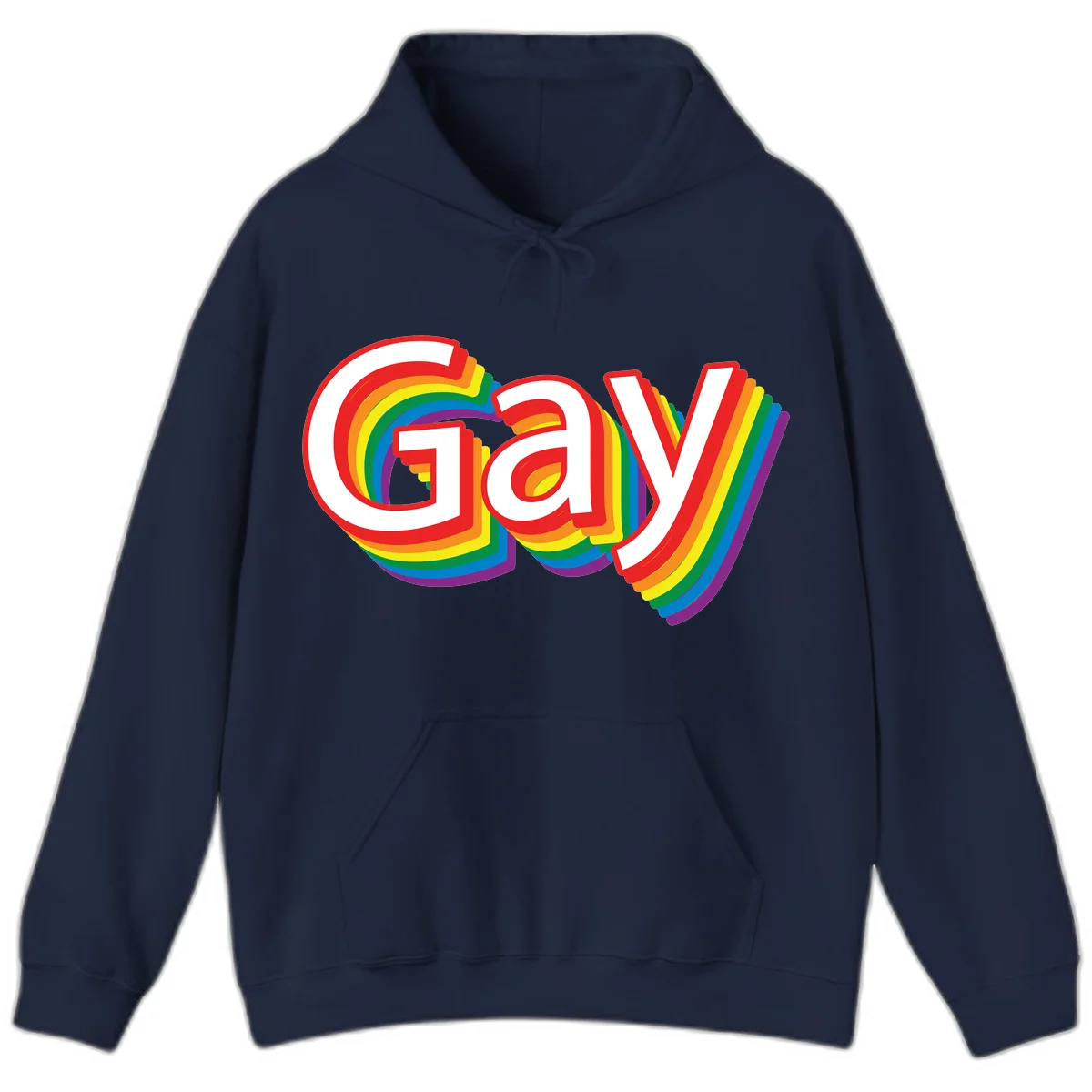 Colorful gay pride rainbow text design with bold red letters surrounded by concentric rainbow stripes in pride flag colors in Navy