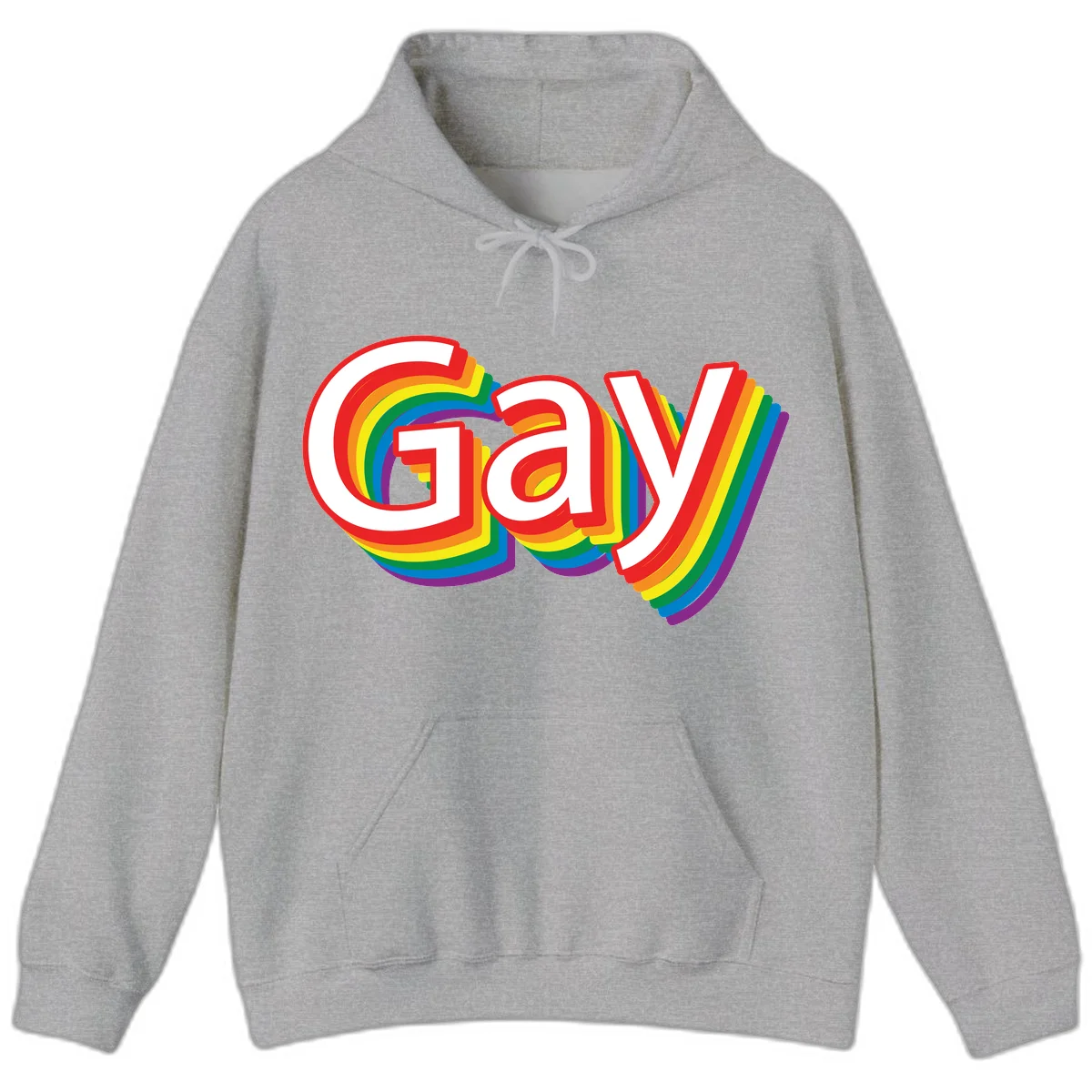 Colorful gay pride rainbow text design with bold red letters surrounded by concentric rainbow stripes in pride flag colors in Sport Grey