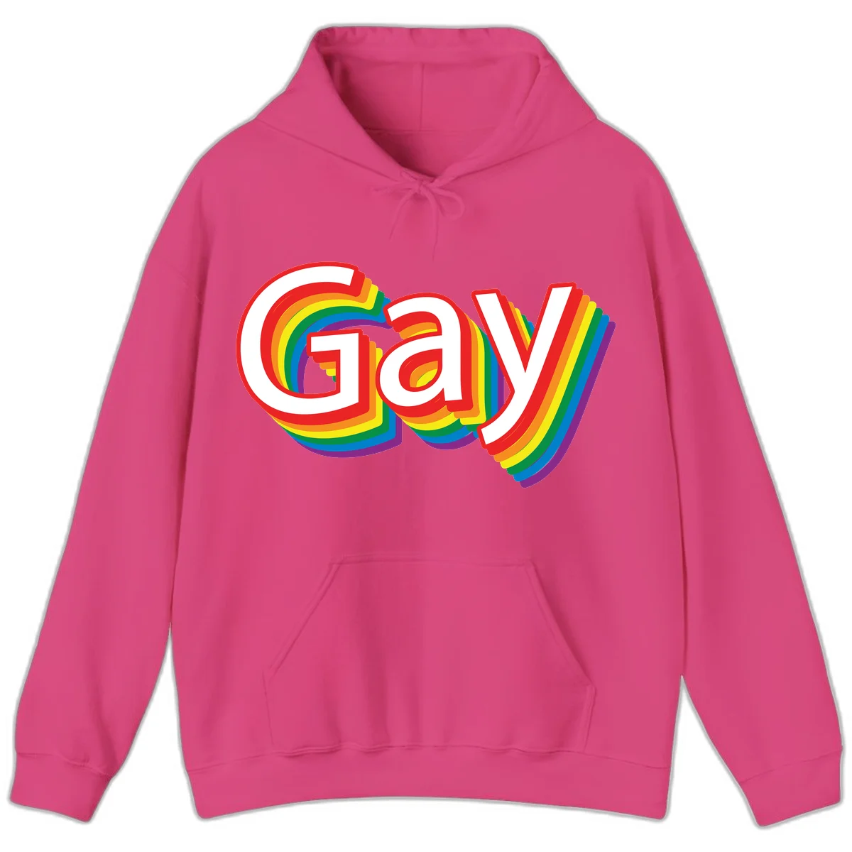 Colorful gay pride rainbow text design with bold red letters surrounded by concentric rainbow stripes in pride flag colors in Heliconia