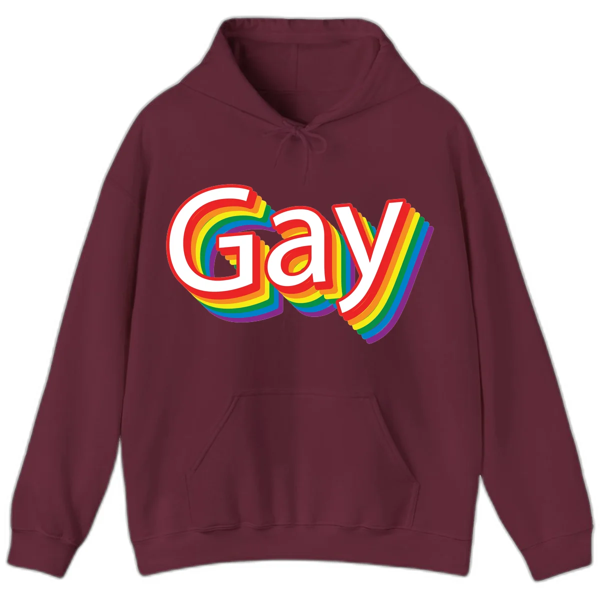 Colorful gay pride rainbow text design with bold red letters surrounded by concentric rainbow stripes in pride flag colors in Maroon
