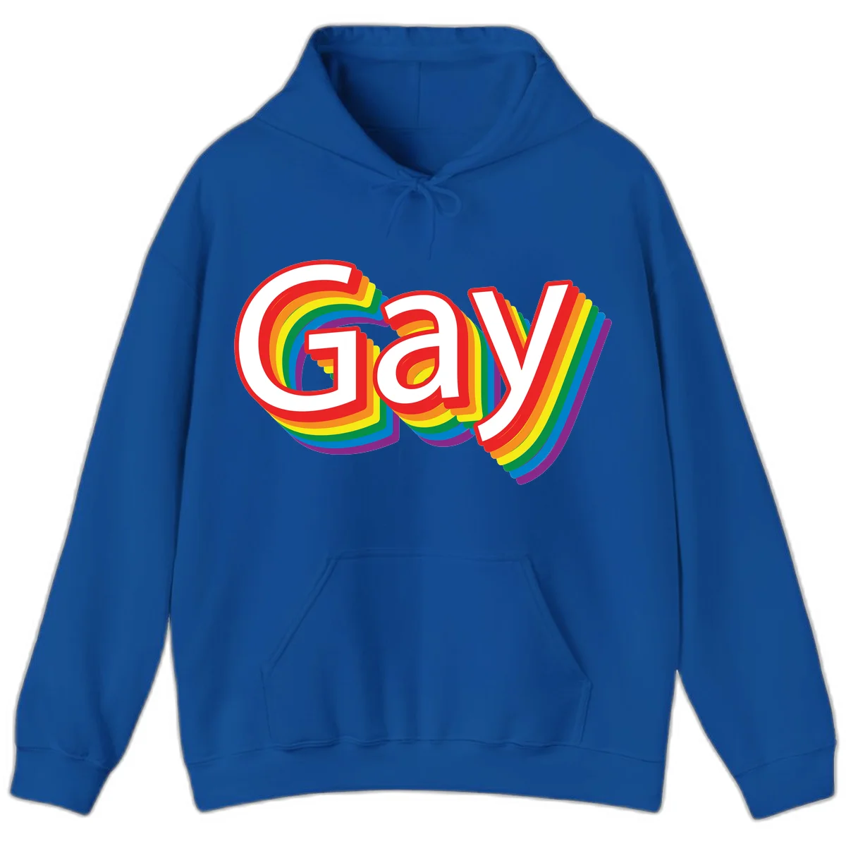 Colorful gay pride rainbow text design with bold red letters surrounded by concentric rainbow stripes in pride flag colors in Royal