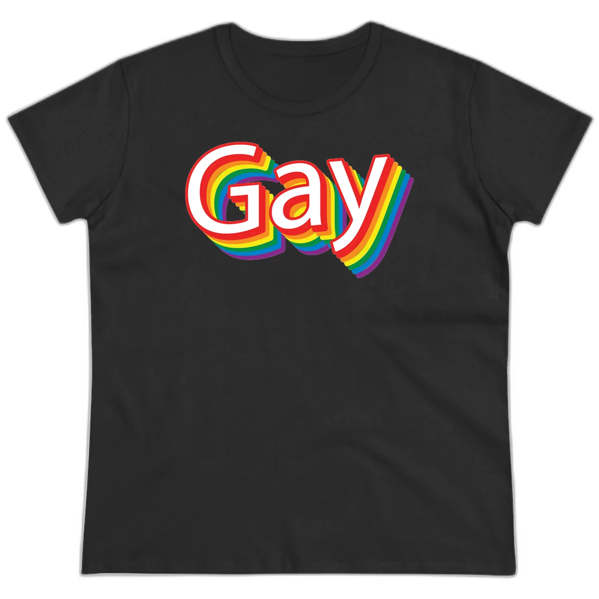 Colorful gay pride rainbow text design with bold red letters surrounded by concentric rainbow stripes in pride flag colors in Black