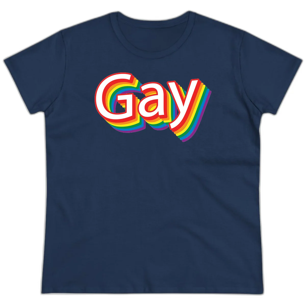 Colorful gay pride rainbow text design with bold red letters surrounded by concentric rainbow stripes in pride flag colors in Navy