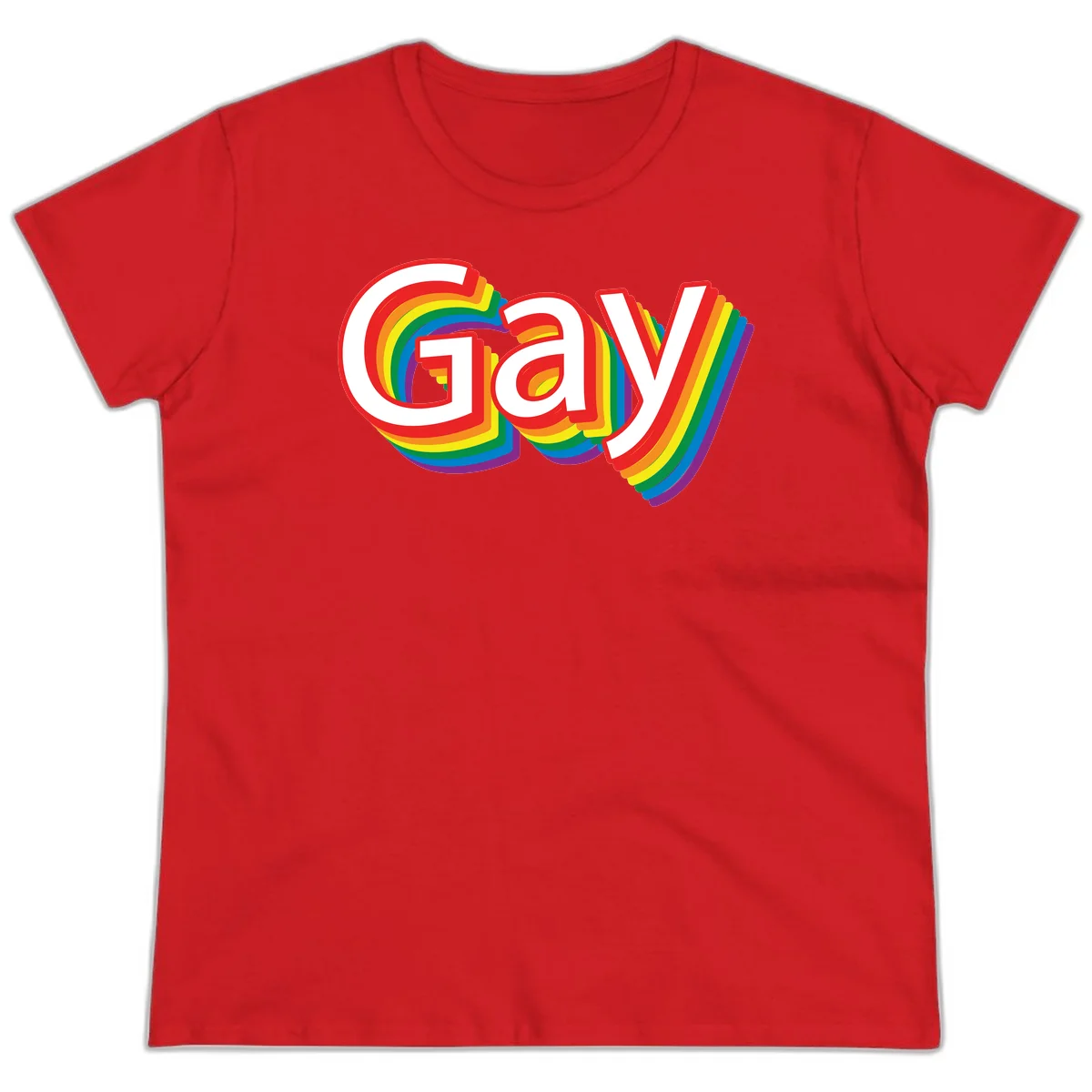 Colorful gay pride rainbow text design with bold red letters surrounded by concentric rainbow stripes in pride flag colors in Red