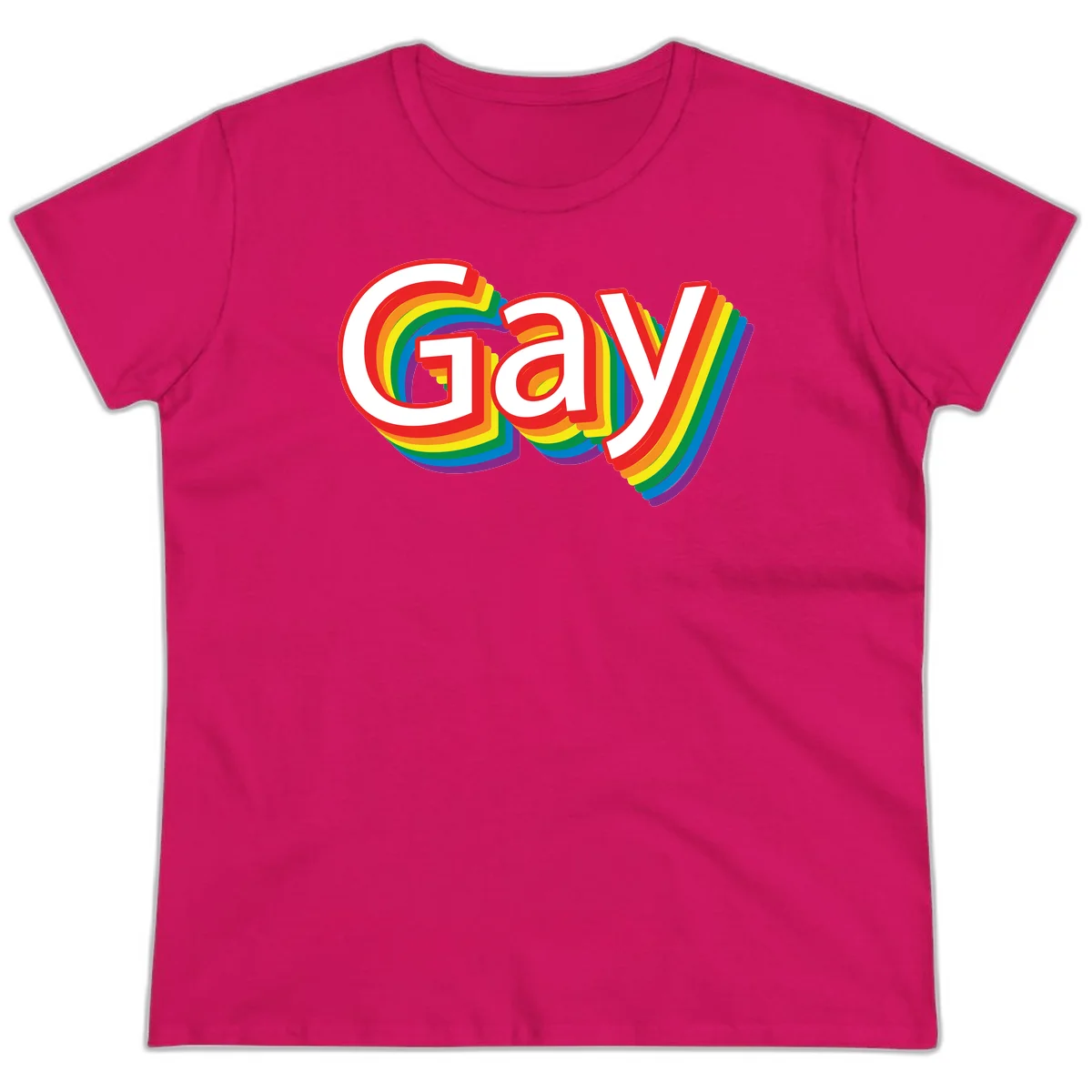 Colorful gay pride rainbow text design with bold red letters surrounded by concentric rainbow stripes in pride flag colors in Heliconia