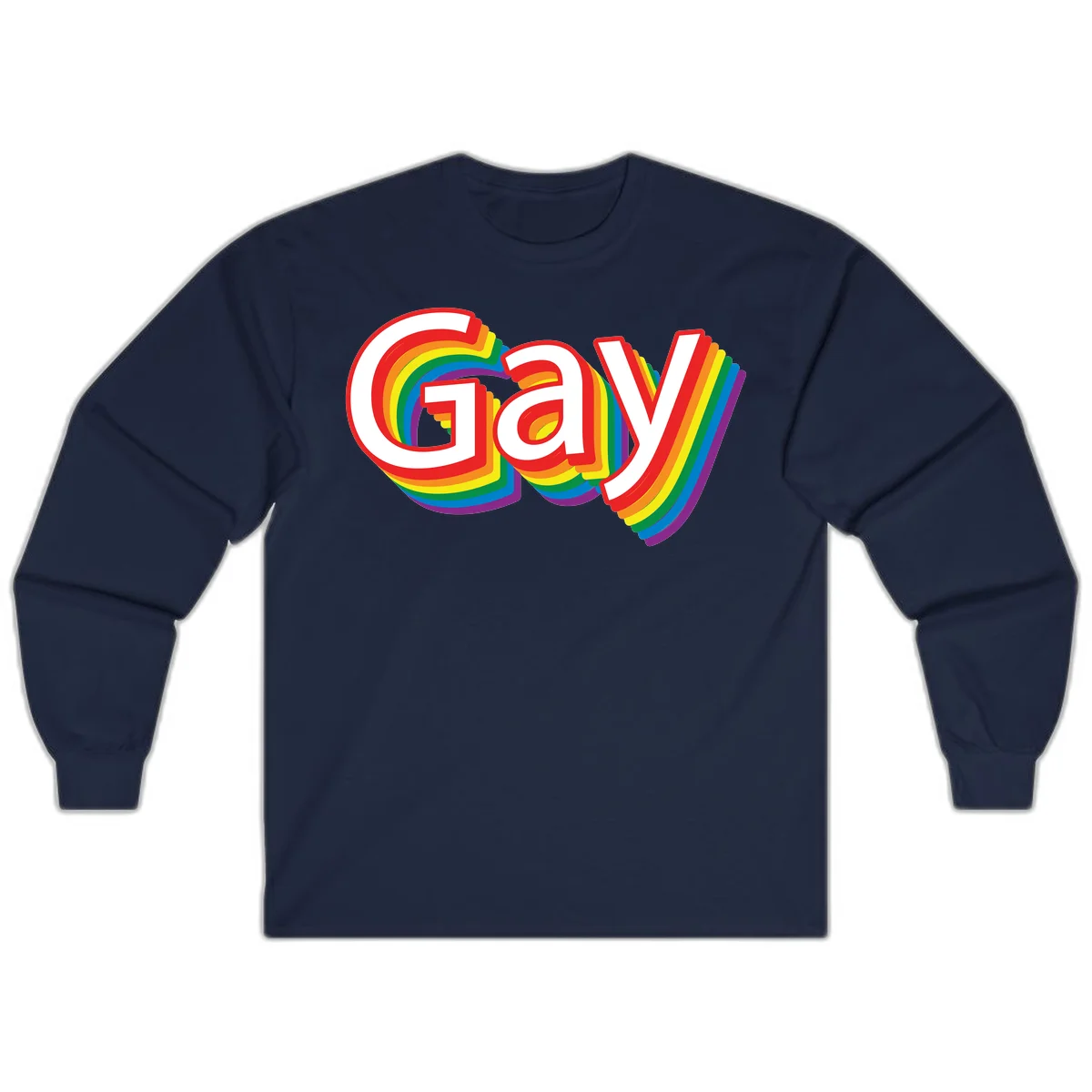 Colorful gay pride rainbow text design with bold red letters surrounded by concentric rainbow stripes in pride flag colors in Navy