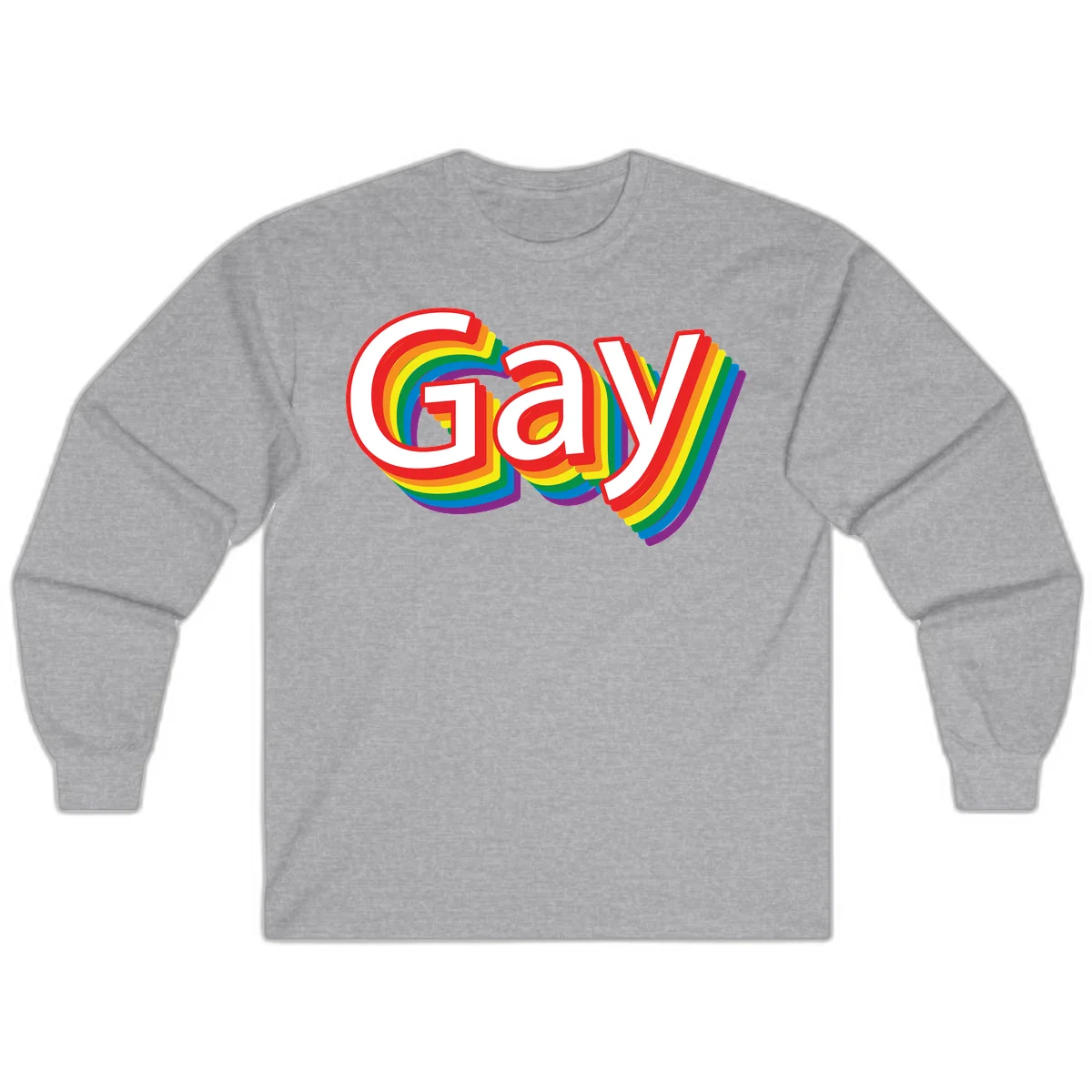 Colorful gay pride rainbow text design with bold red letters surrounded by concentric rainbow stripes in pride flag colors in Sport Grey