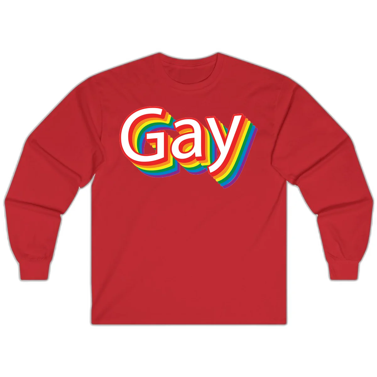 Colorful gay pride rainbow text design with bold red letters surrounded by concentric rainbow stripes in pride flag colors in Red