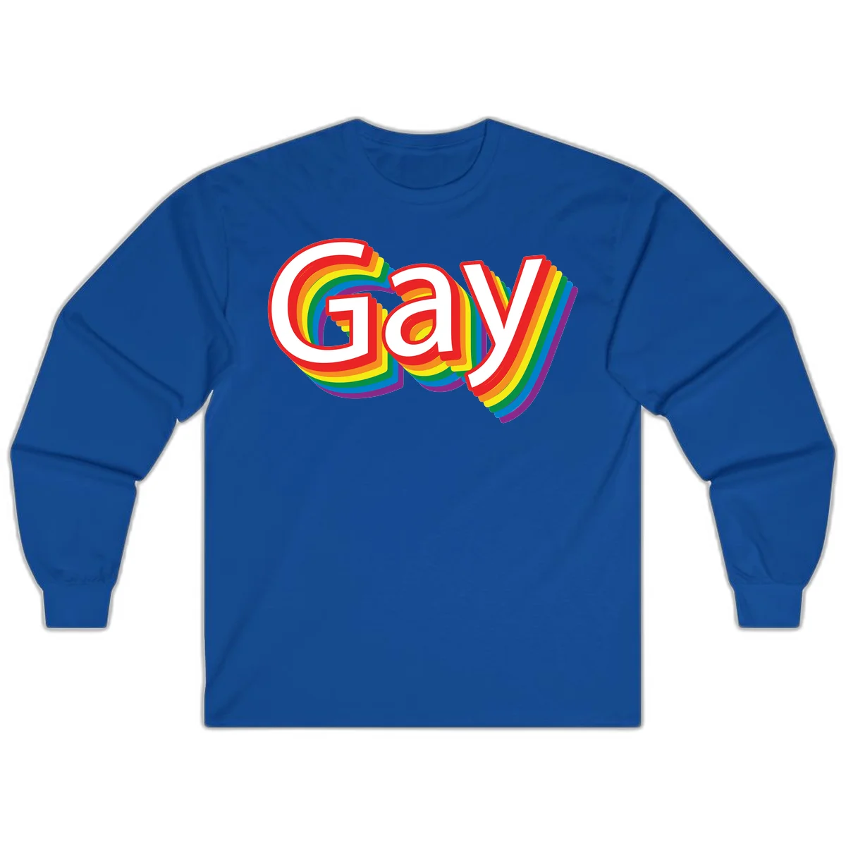 Colorful gay pride rainbow text design with bold red letters surrounded by concentric rainbow stripes in pride flag colors in Royal