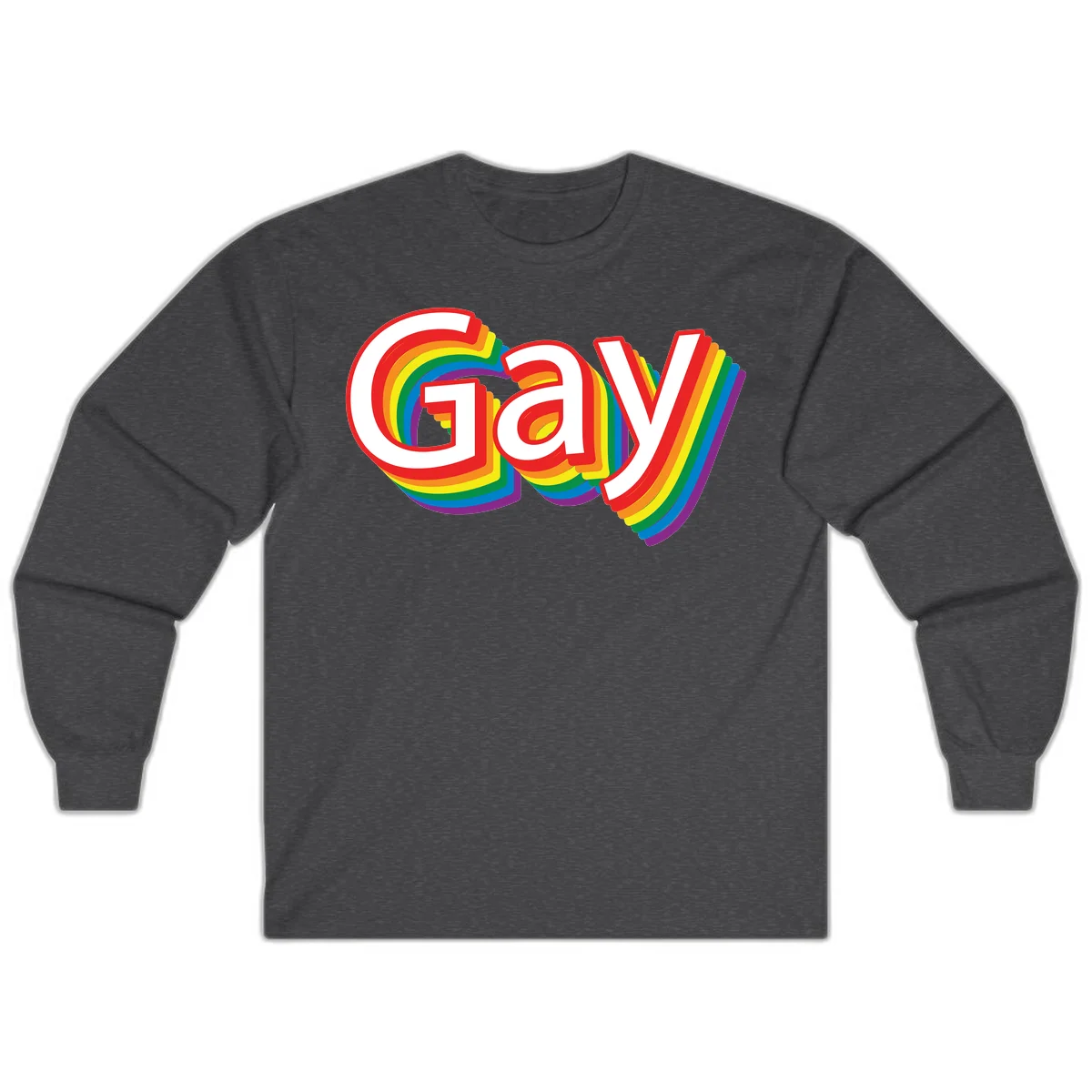 Colorful gay pride rainbow text design with bold red letters surrounded by concentric rainbow stripes in pride flag colors in Dark Heather