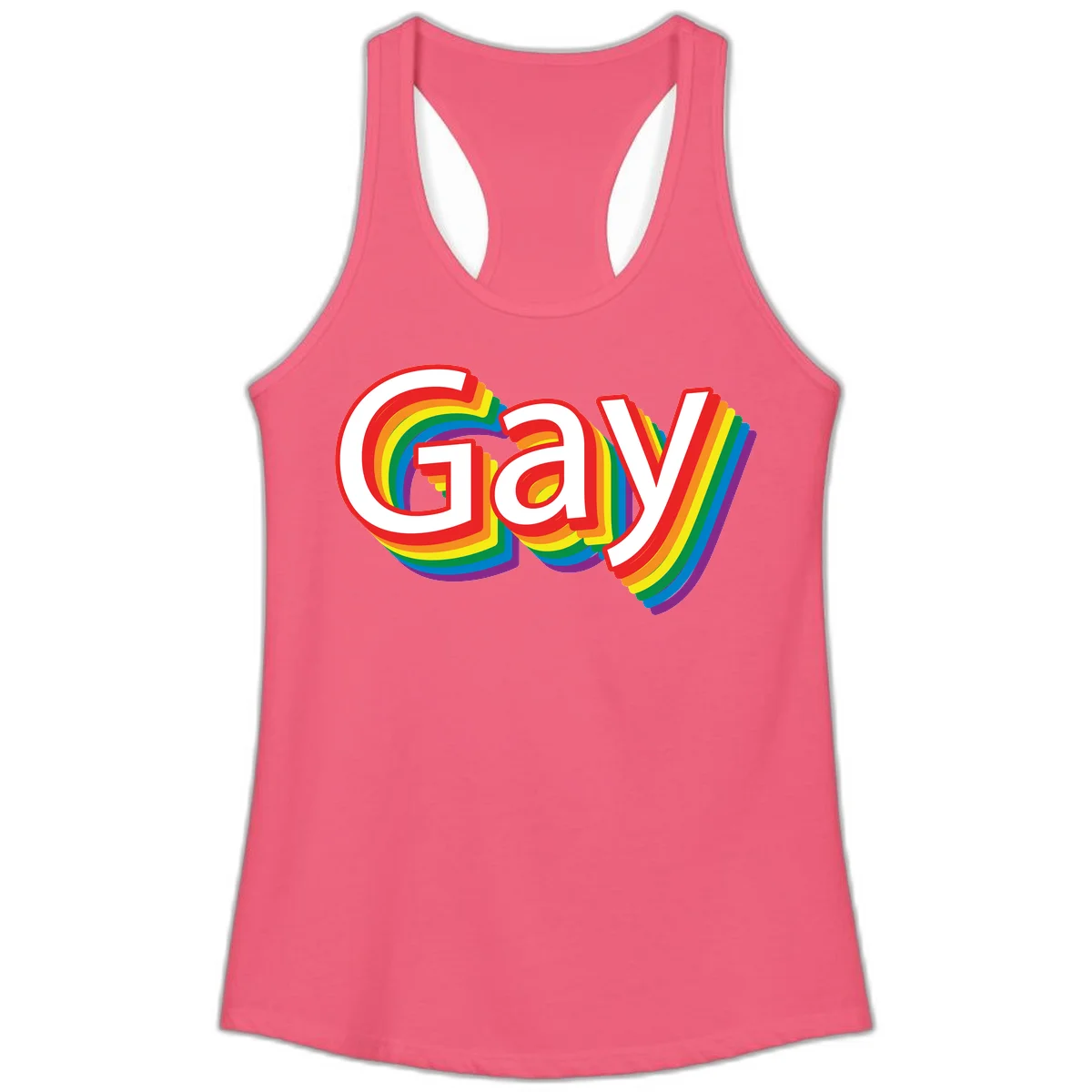 Colorful gay pride rainbow text design with bold red letters surrounded by concentric rainbow stripes in pride flag colors in Hot Pink