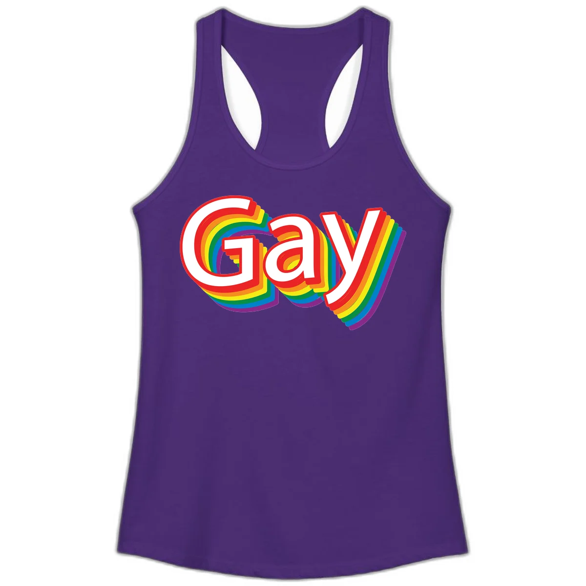 Colorful gay pride rainbow text design with bold red letters surrounded by concentric rainbow stripes in pride flag colors in Solid Purple Rush