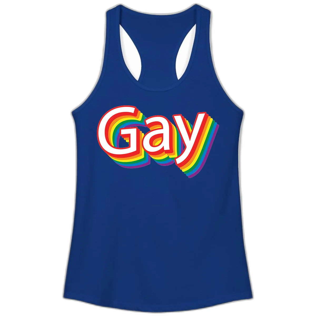 Colorful gay pride rainbow text design with bold red letters surrounded by concentric rainbow stripes in pride flag colors in Solid Royal