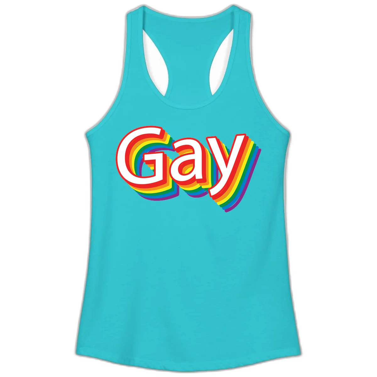 Colorful gay pride rainbow text design with bold red letters surrounded by concentric rainbow stripes in pride flag colors in Solid Tahiti Blue