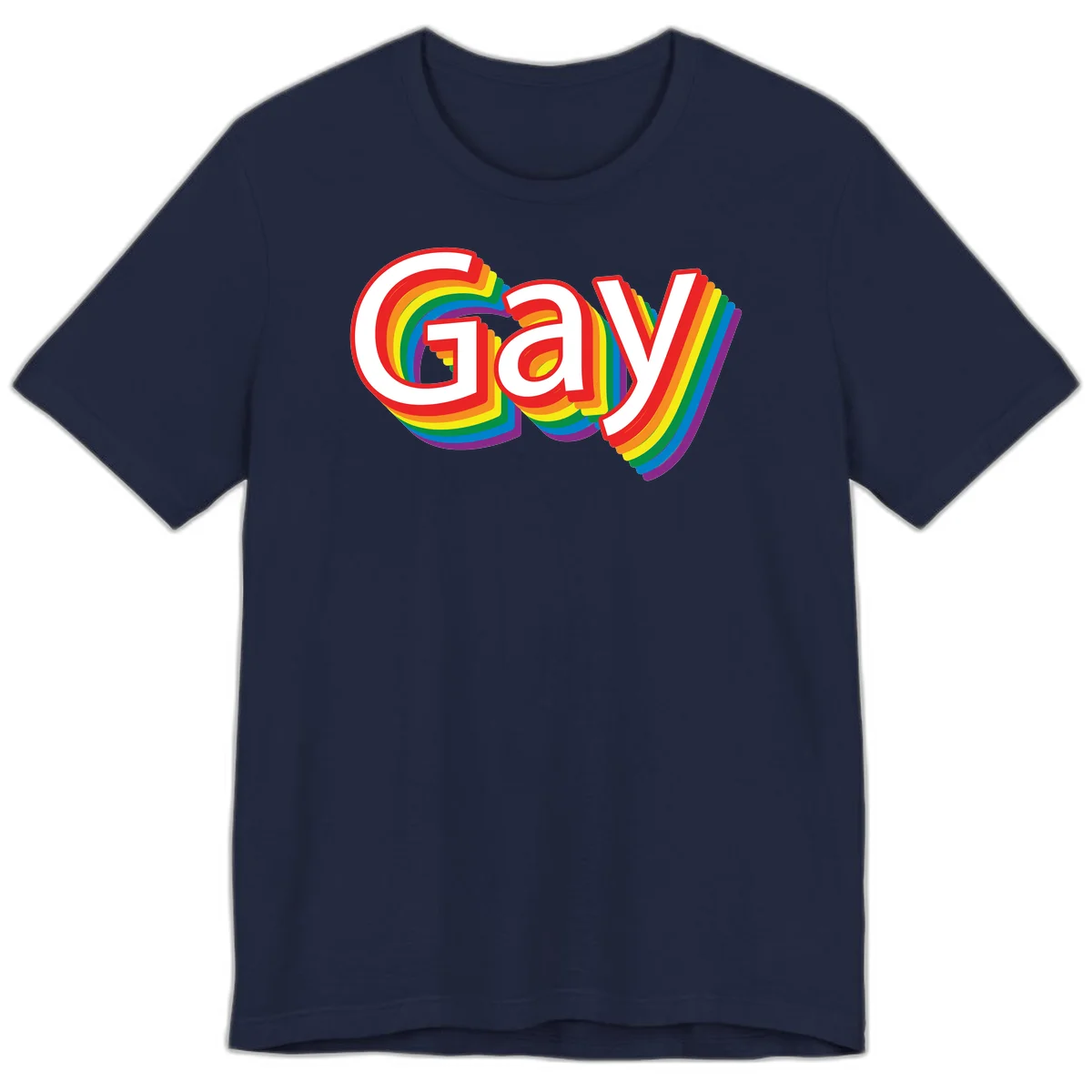 Colorful gay pride rainbow text design with bold red letters surrounded by concentric rainbow stripes in pride flag colors in Navy