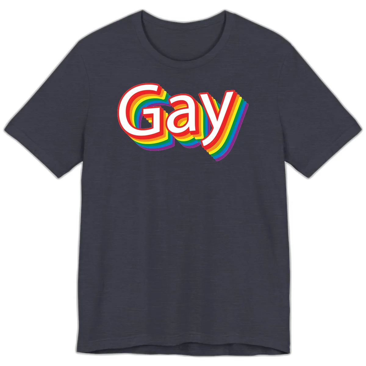 Colorful gay pride rainbow text design with bold red letters surrounded by concentric rainbow stripes in pride flag colors in Heather Midnight Navy