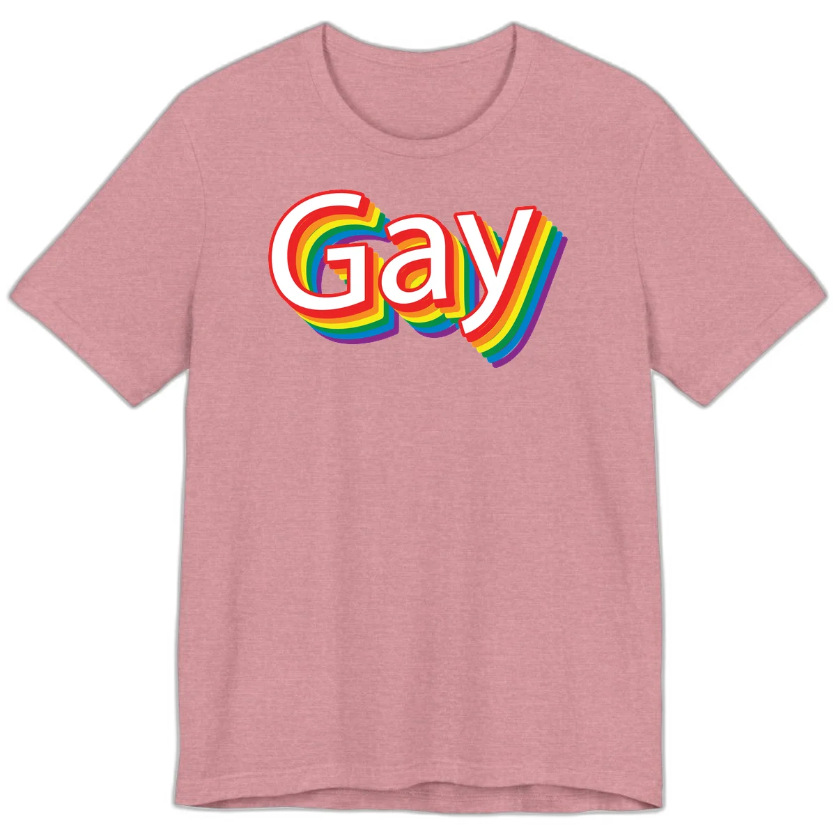 Colorful gay pride rainbow text design with bold red letters surrounded by concentric rainbow stripes in pride flag colors in Heather Orchid